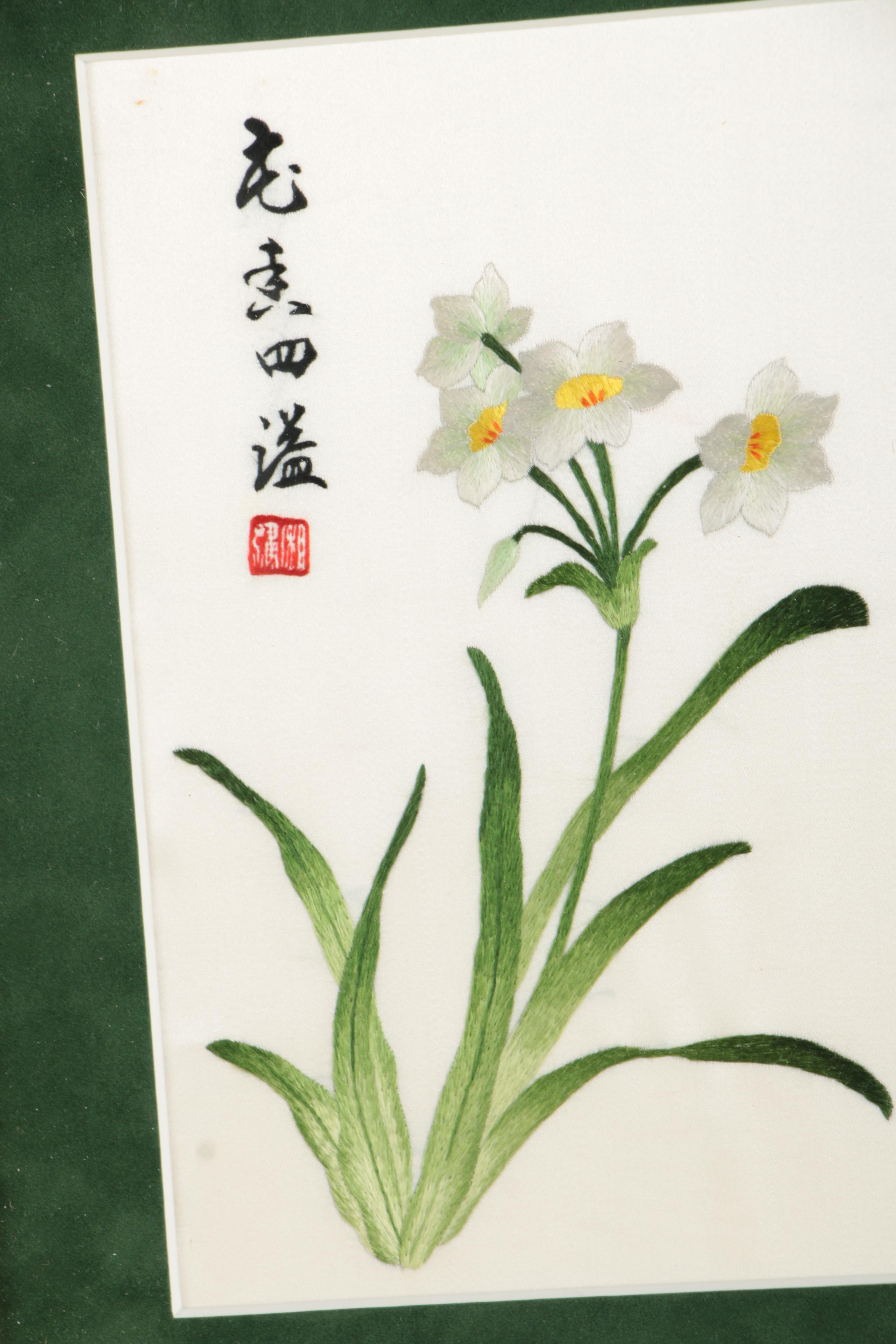 Chinese Silk Embroidery of White Flowers