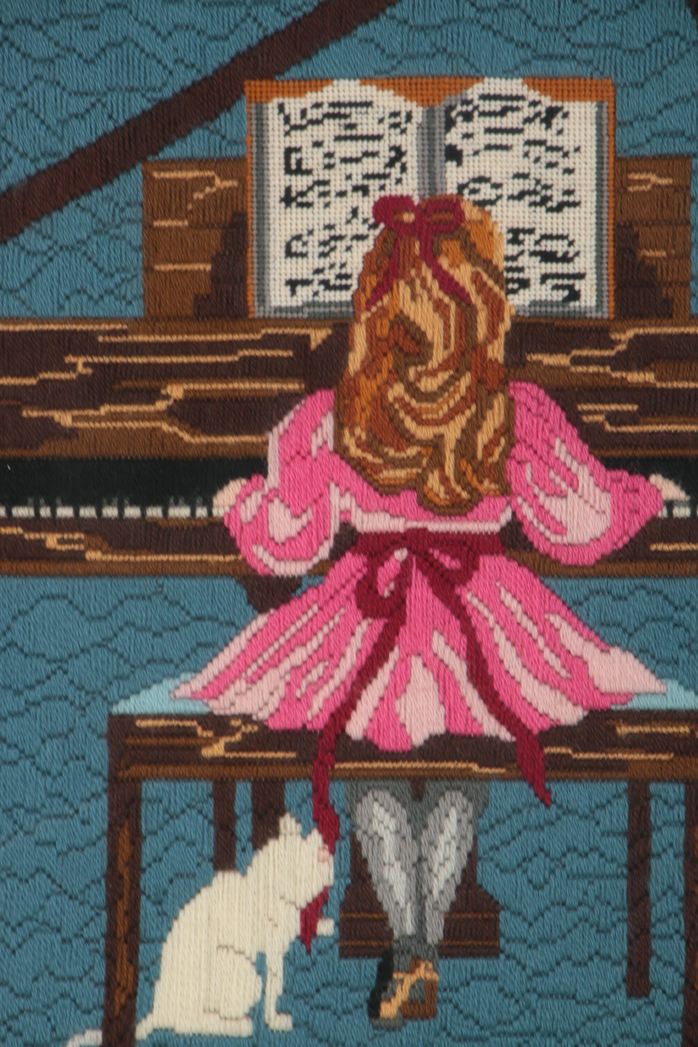 Long-Stitch Needlepoint of a Girl at the Piano