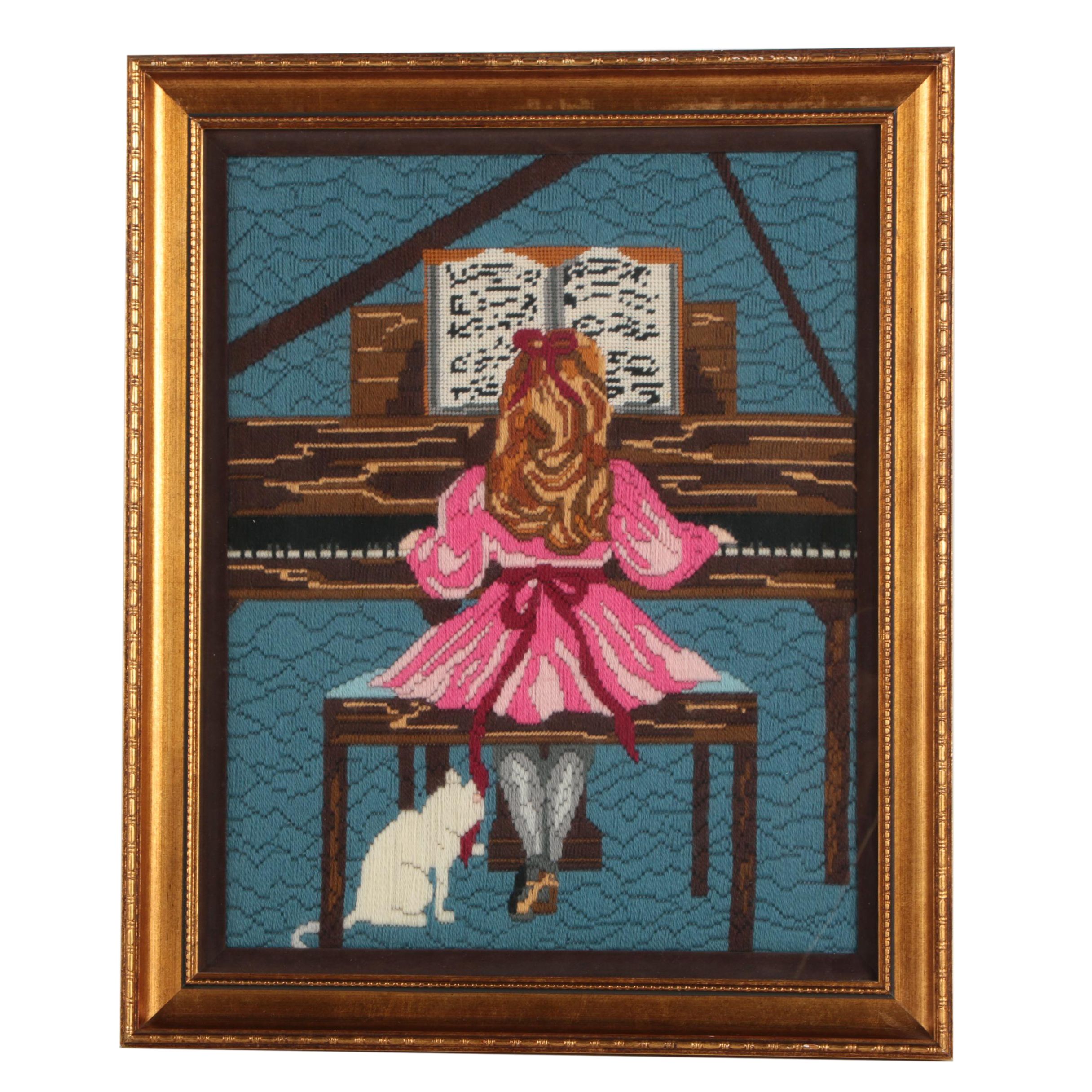 Long-Stitch Needlepoint of a Girl at the Piano