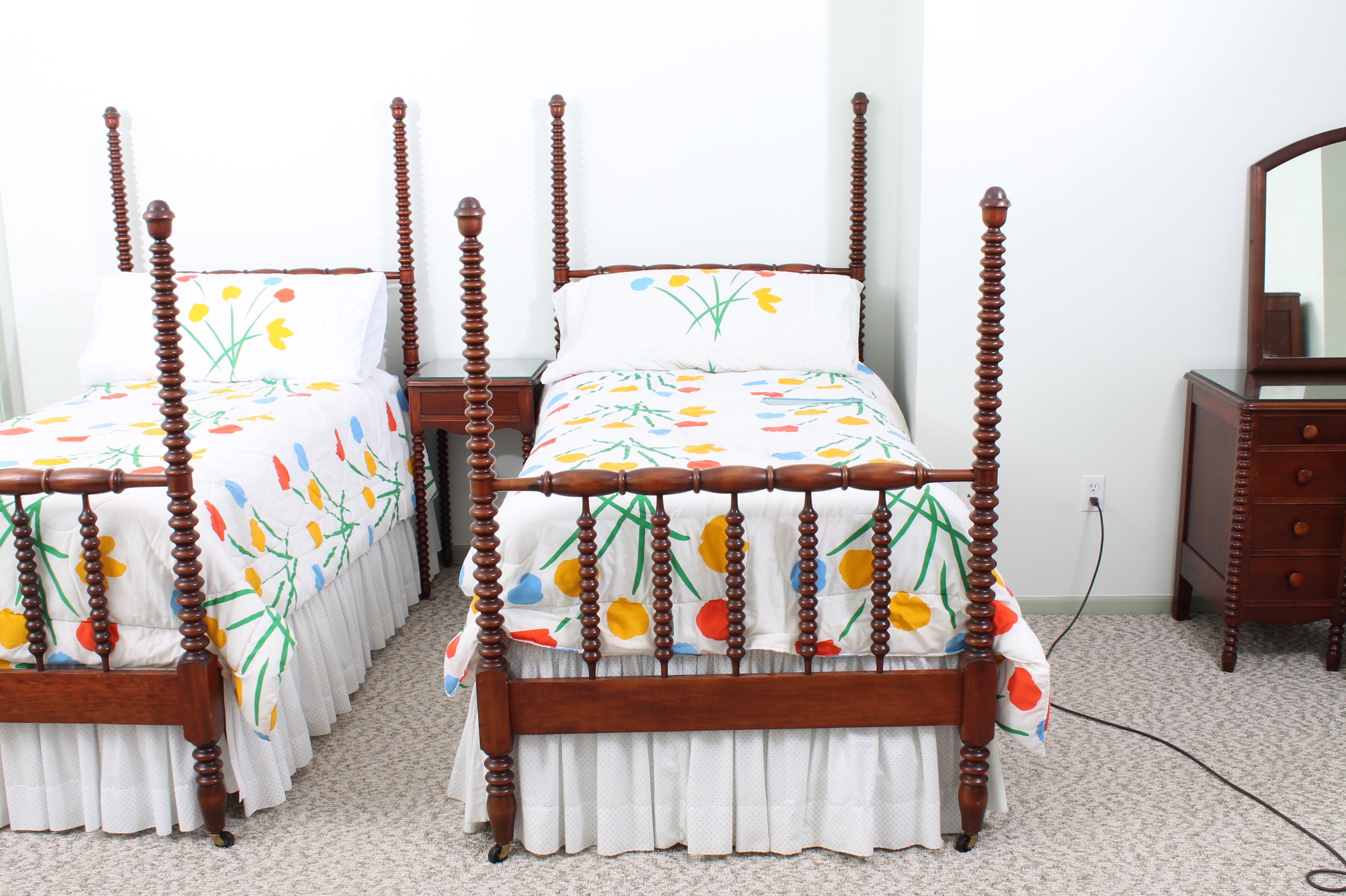 Vintage Wheeler-Okell Co. Cherry Veneer Twin Beds and Nightstand