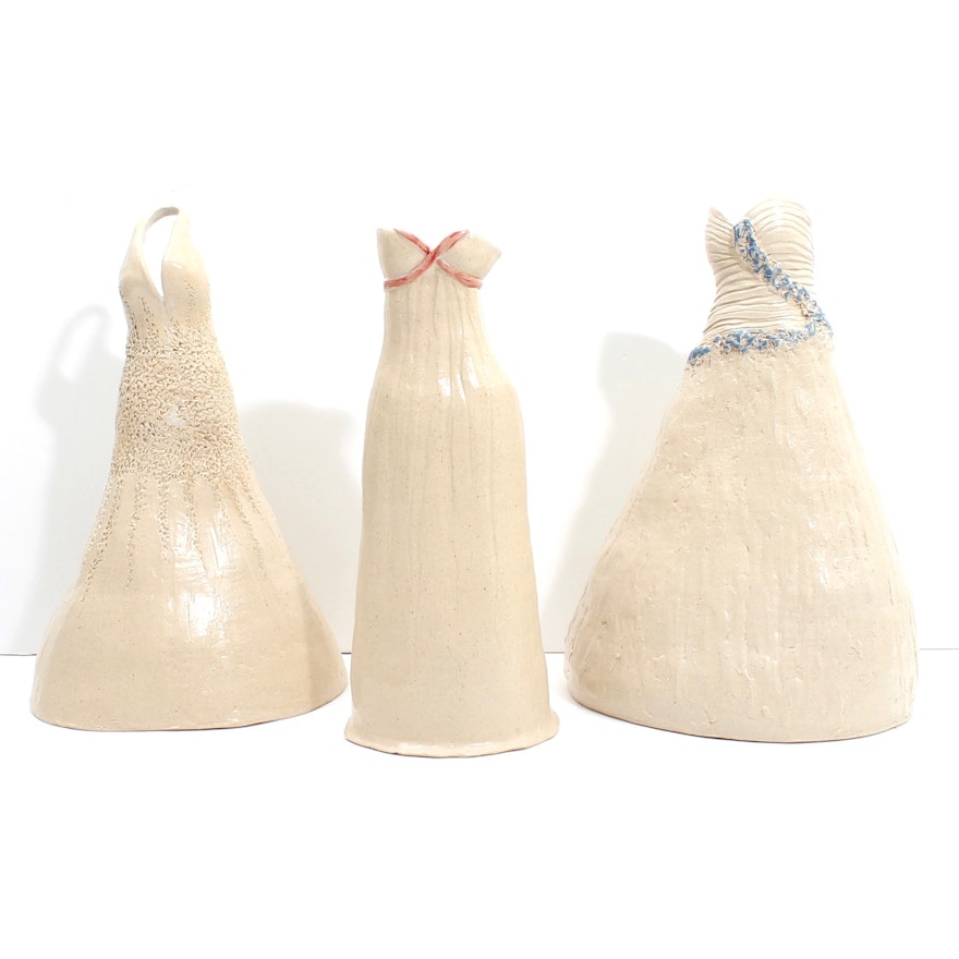 Susan Borthwick Handbuilt Art Pottery Vases Depicting Dresses