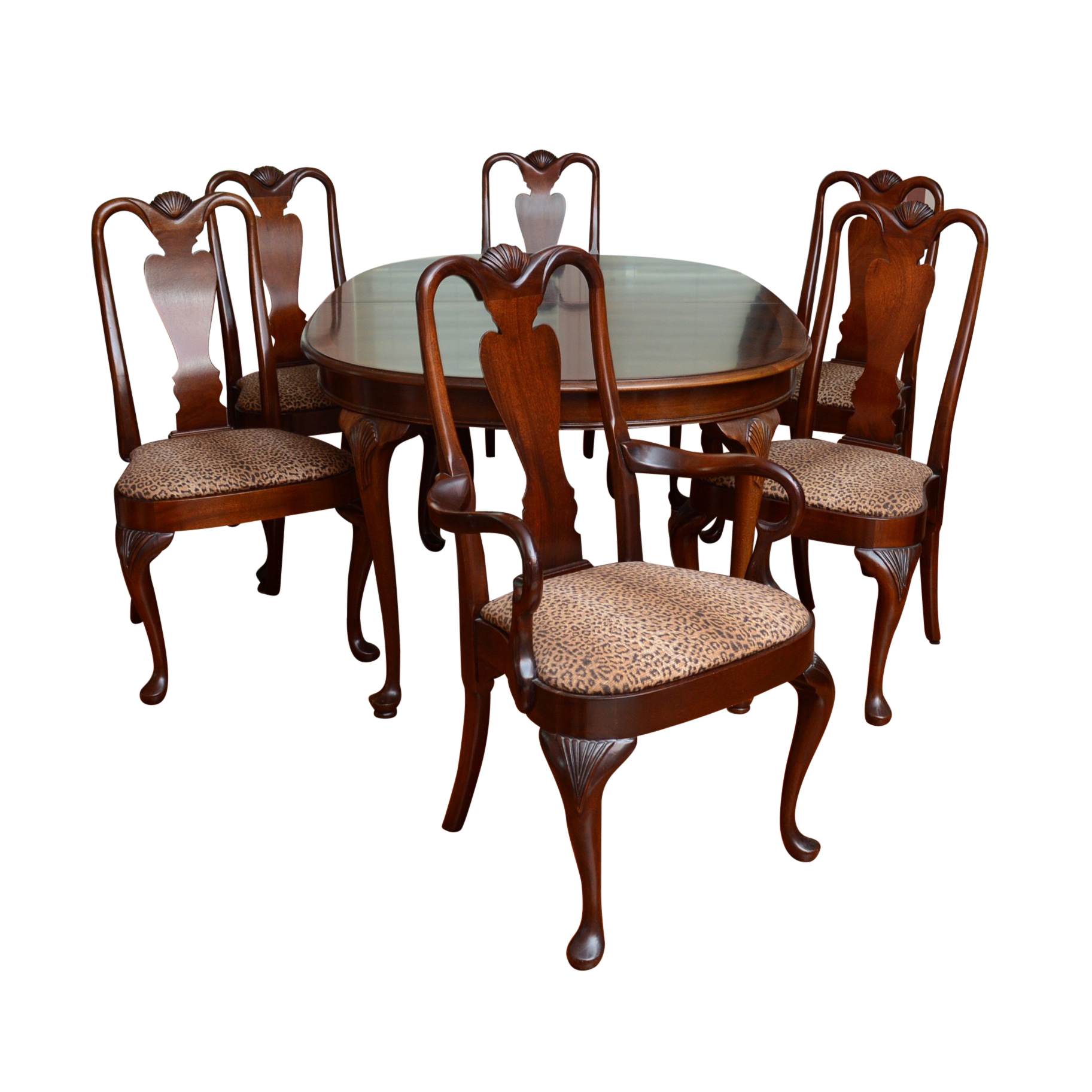 Oval Queen Anne Style Mahogany Dining Table and Six Chairs