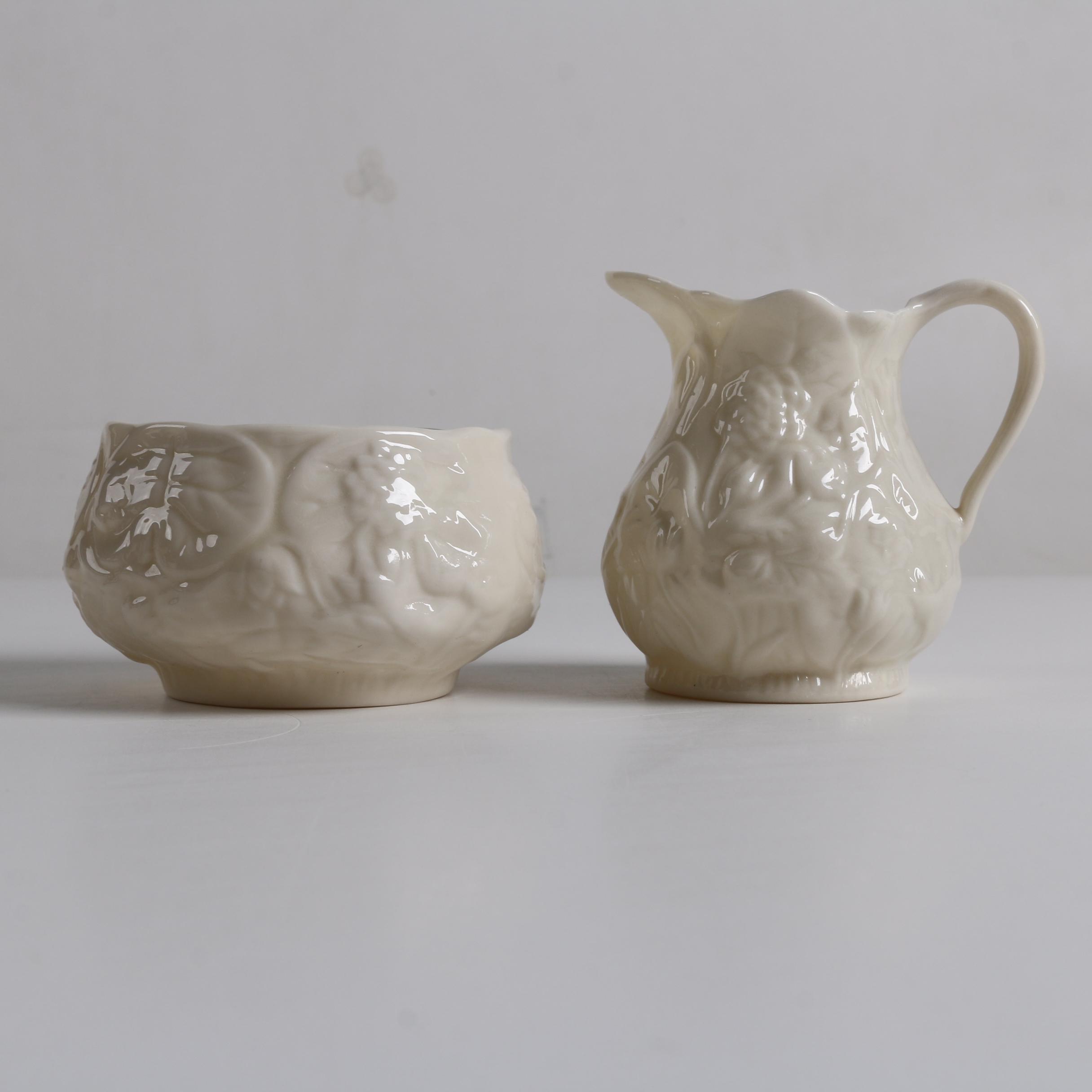 Vintage Belleek "Lotus" Porcelain Creamer and Sugar Bowl