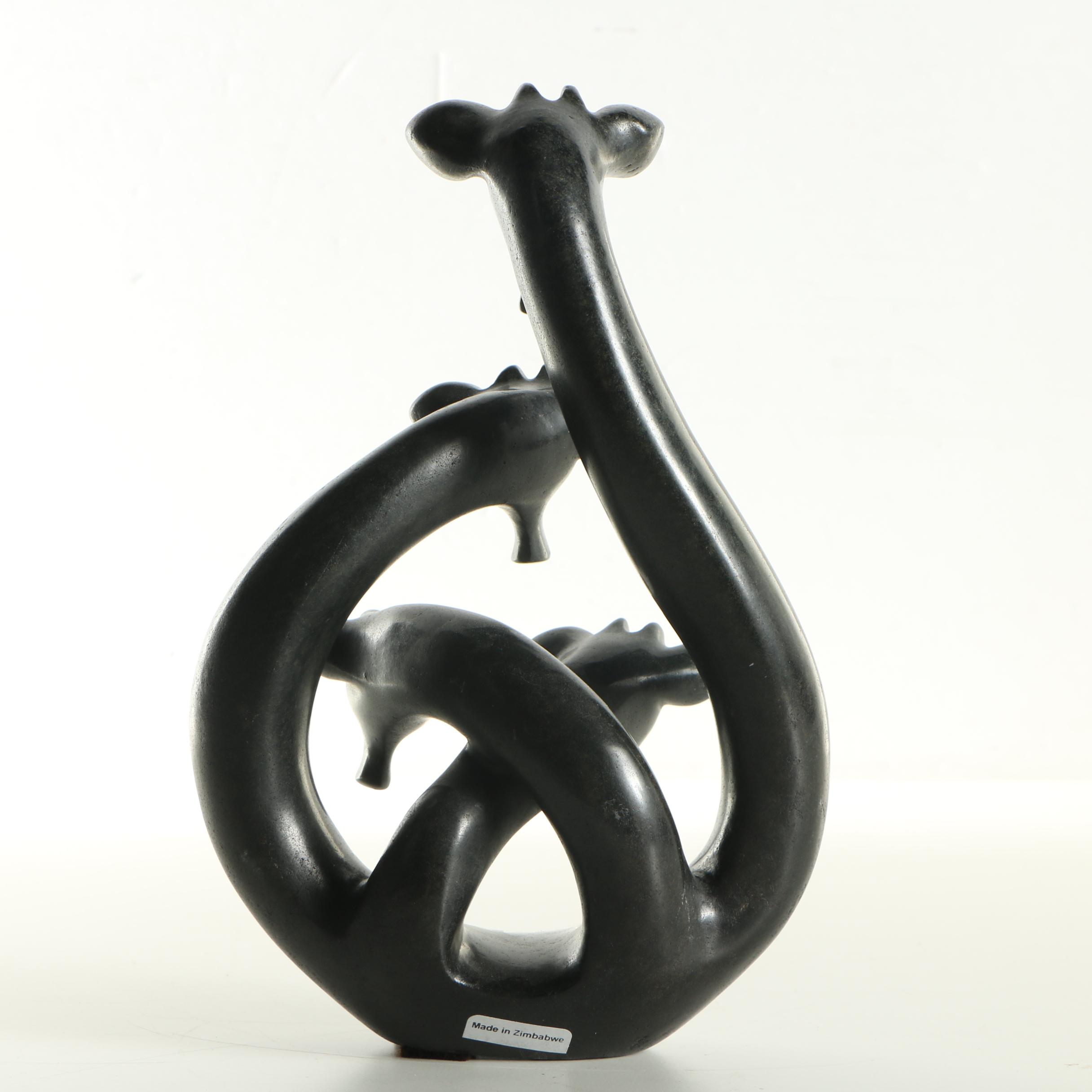 Zimbabwean Soapstone Carving of a Giraffe Tower