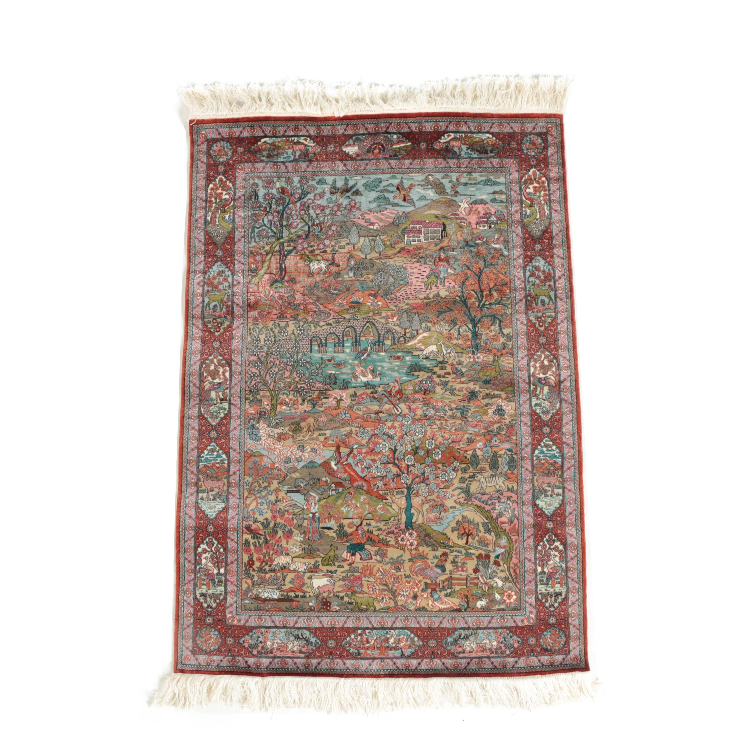 Finely Hand-Knotted Sino-Persian Silk Pictorial Garden Rug