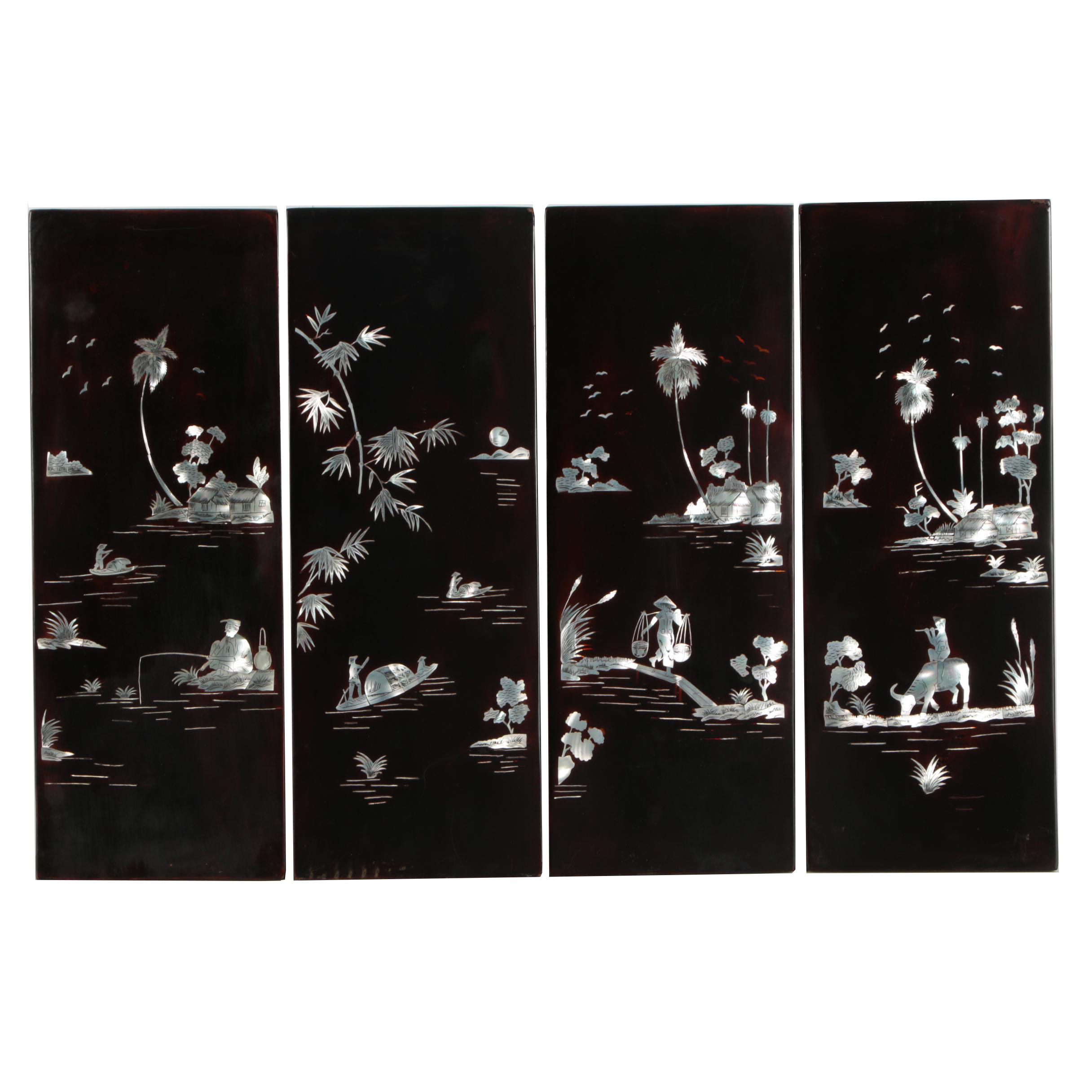 Chinese Wood-and-Abalone Pictorial Wall Panels