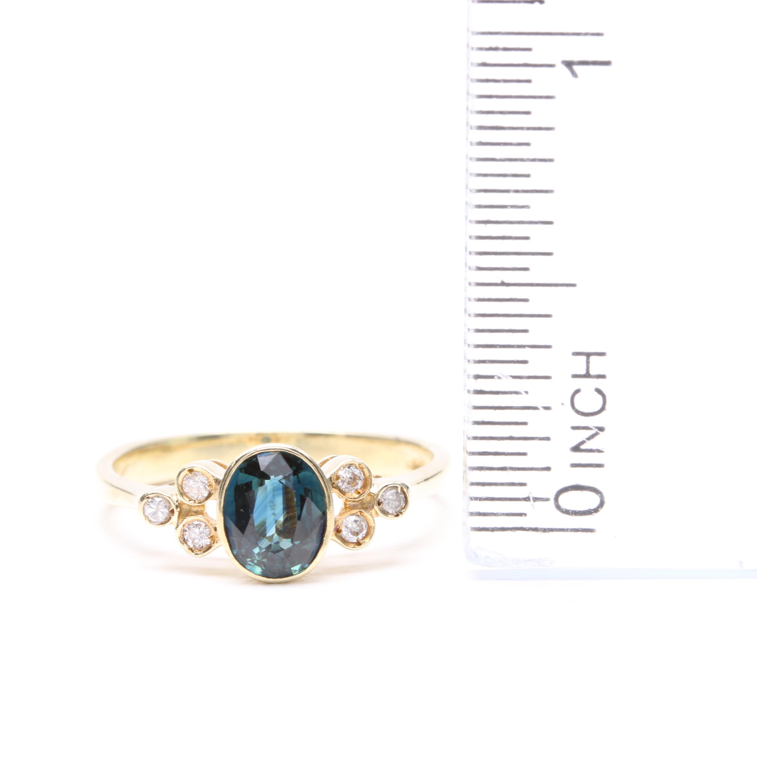 14K Yellow Gold Blue Sapphire and Diamond Ring