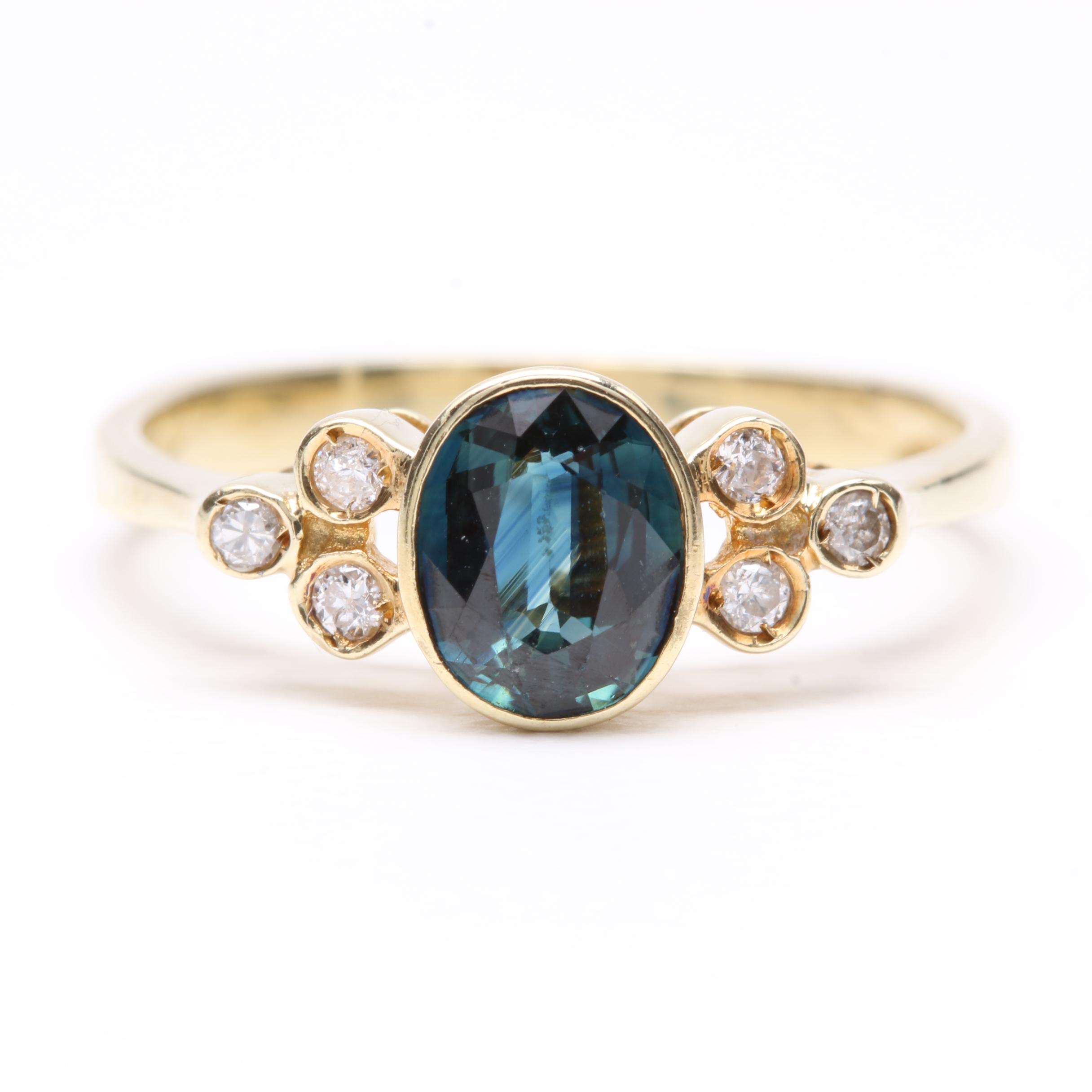 14K Yellow Gold Blue Sapphire and Diamond Ring