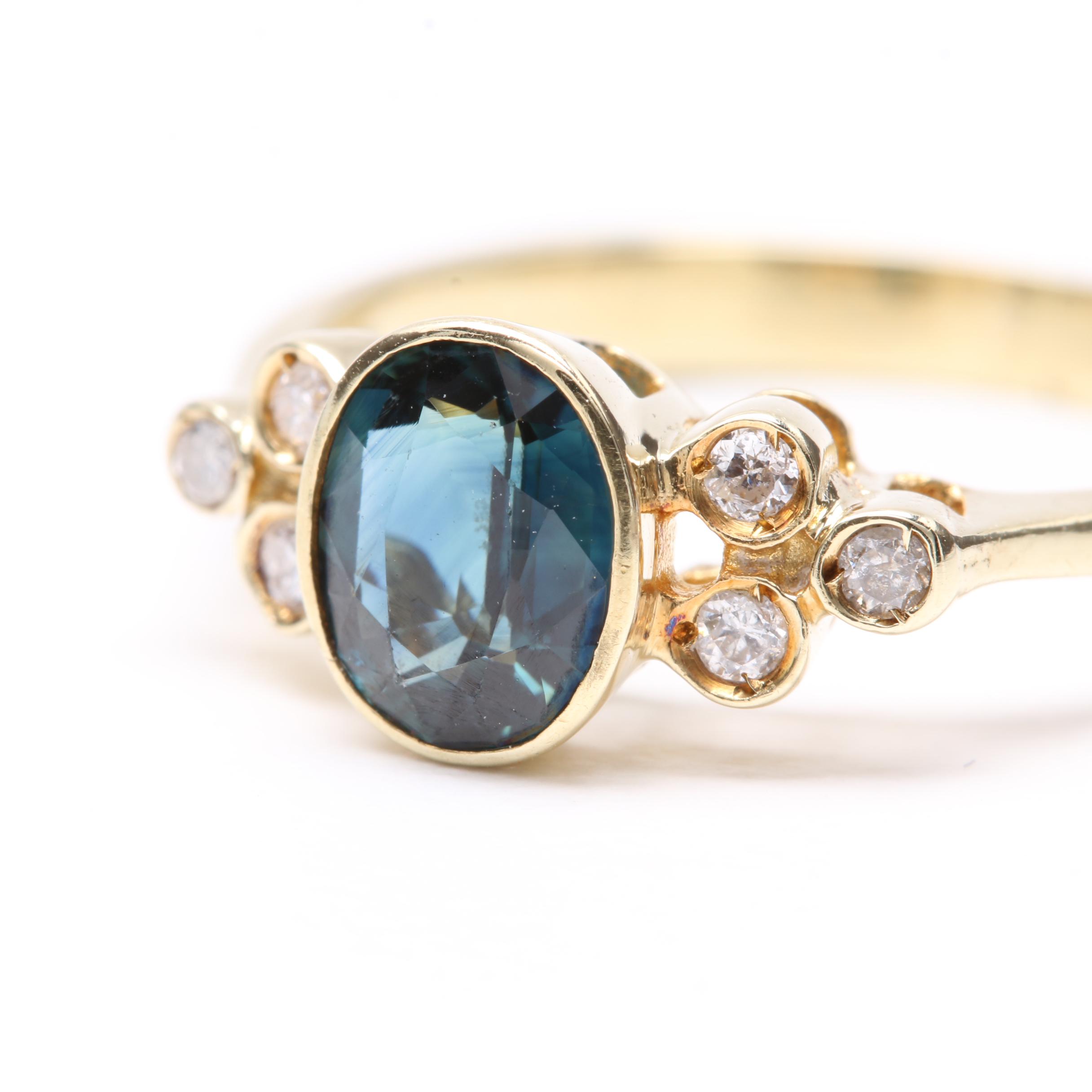 14K Yellow Gold Blue Sapphire and Diamond Ring