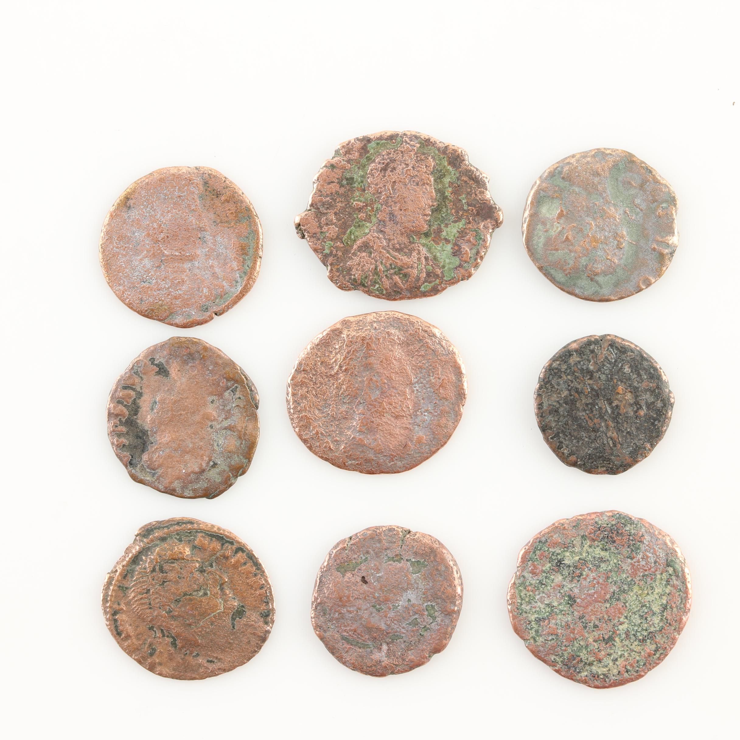 Nine Ancient Roman Imperial Bronze Coins from Constantine the Great's Era