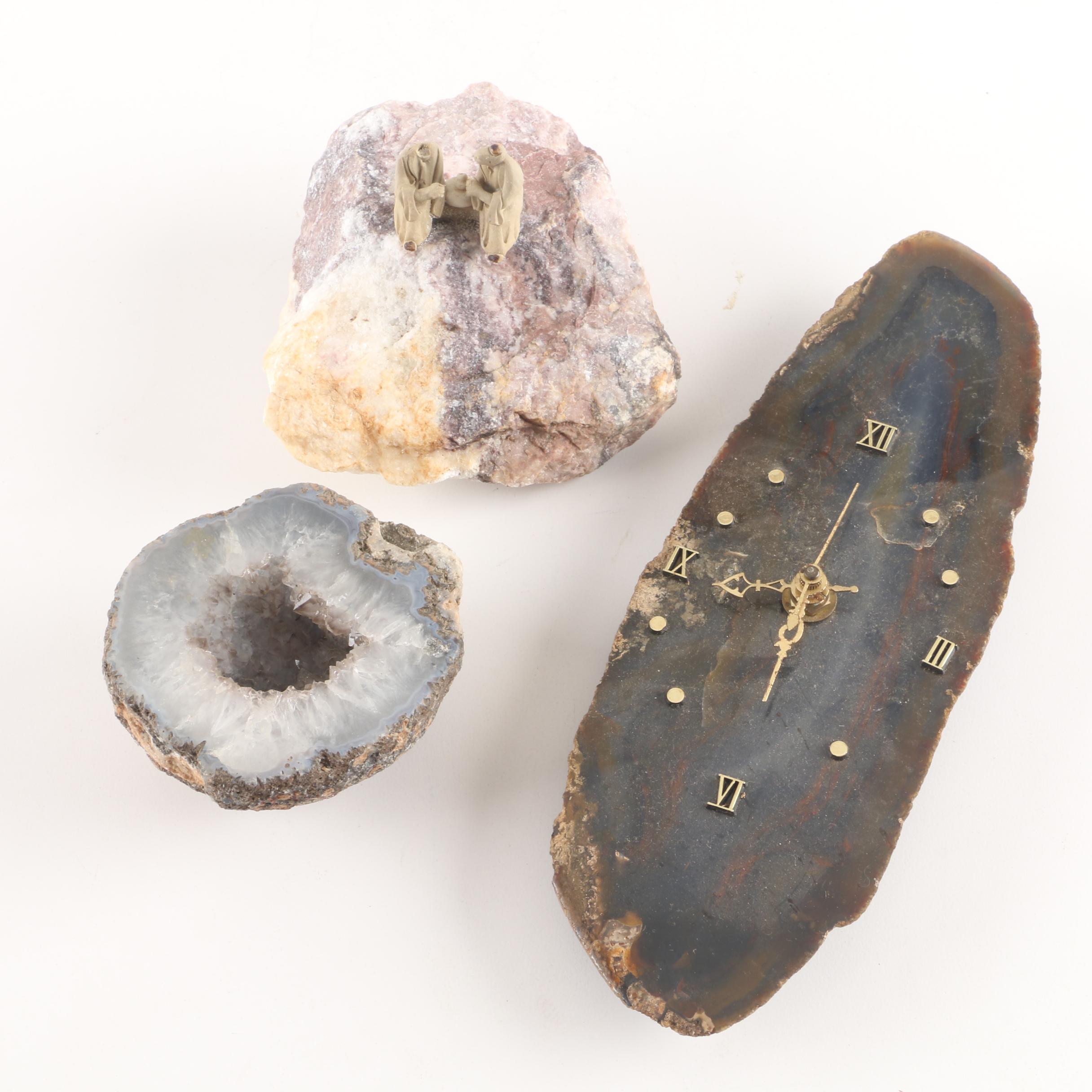 Agate Wall Clock, Geode, and Marble Rock with Figurines