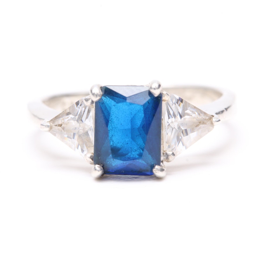 Sterling Silver Cubic Zirconia, Imitation Blue Sapphire and Glass Ring