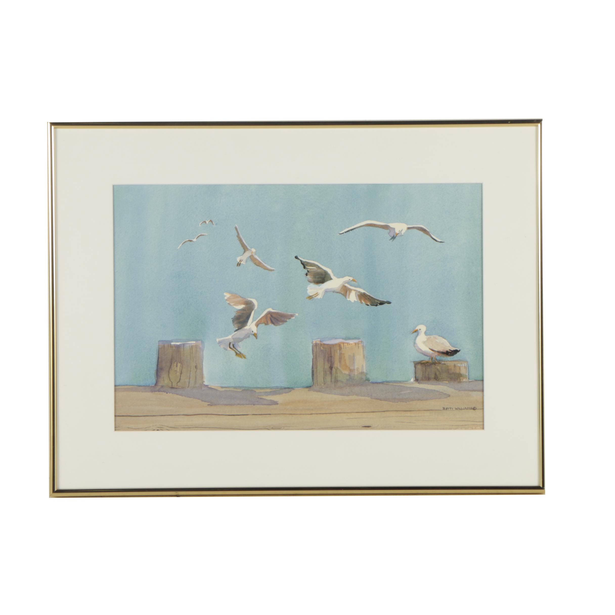 Betti Williams Watercolor and Gouache Painting of Seagulls