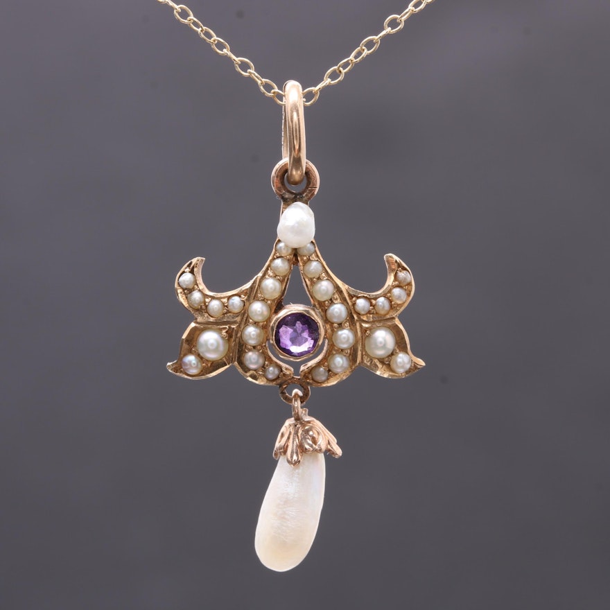 Art Nouveau 14K Yellow Gold Amethyst and Pearl Pendant Necklace