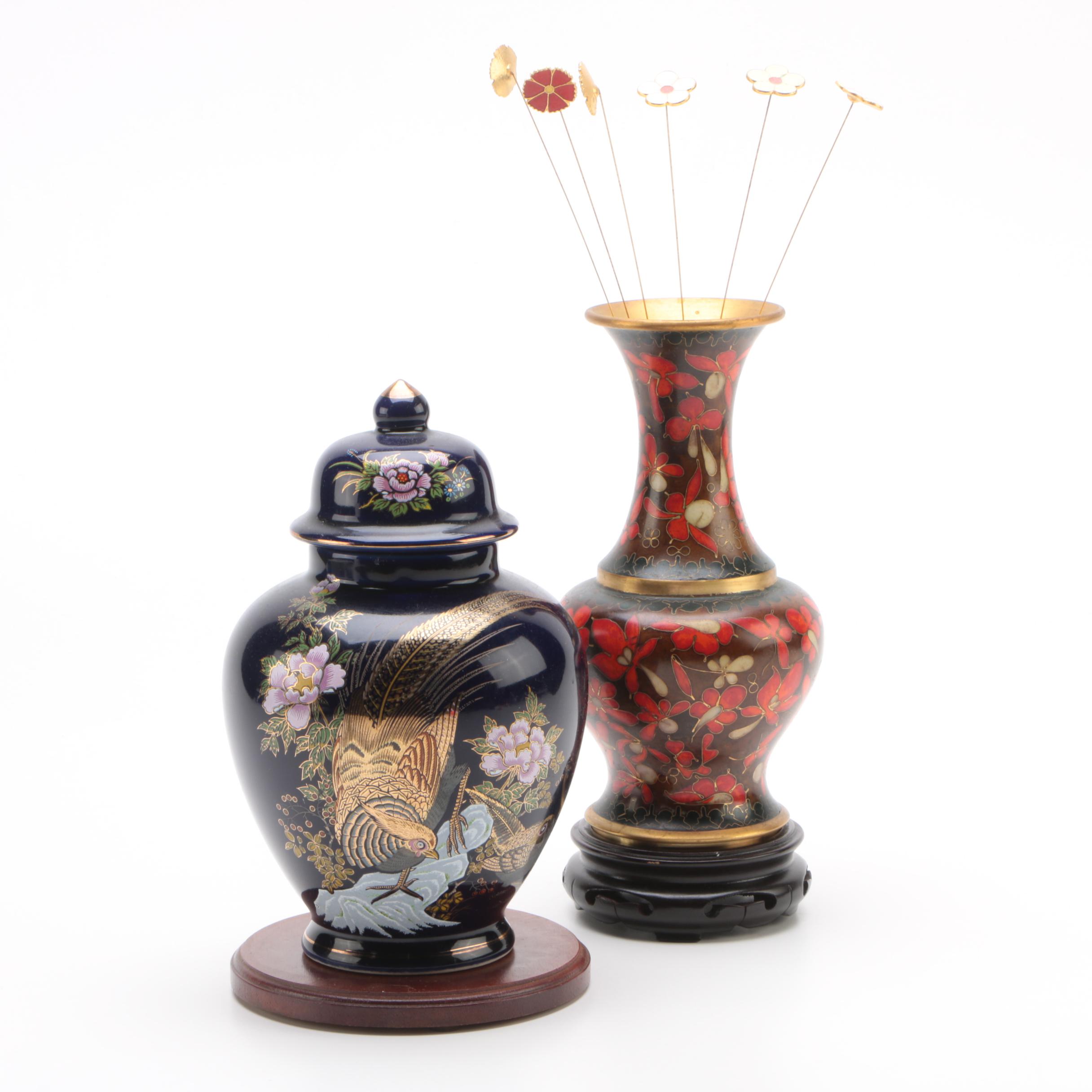 Japanese Porcelain Ginger Jar and Chinese Cloisonne Vase with Enamel Flowers