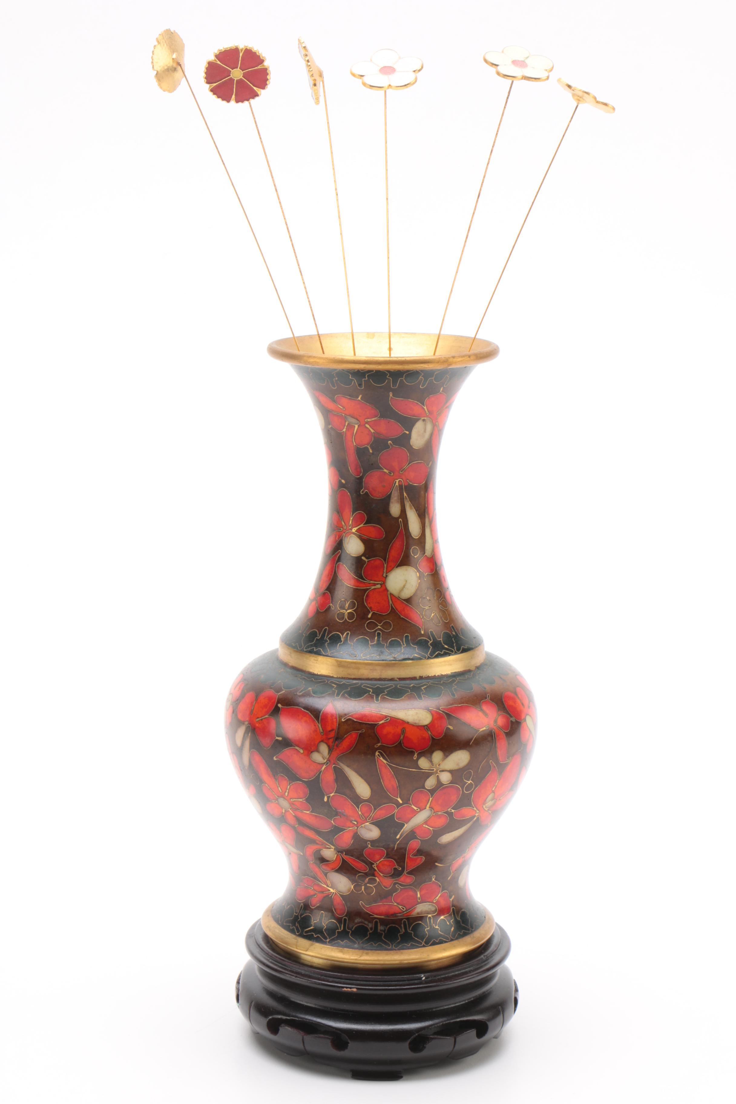 Japanese Porcelain Ginger Jar and Chinese Cloisonne Vase with Enamel Flowers