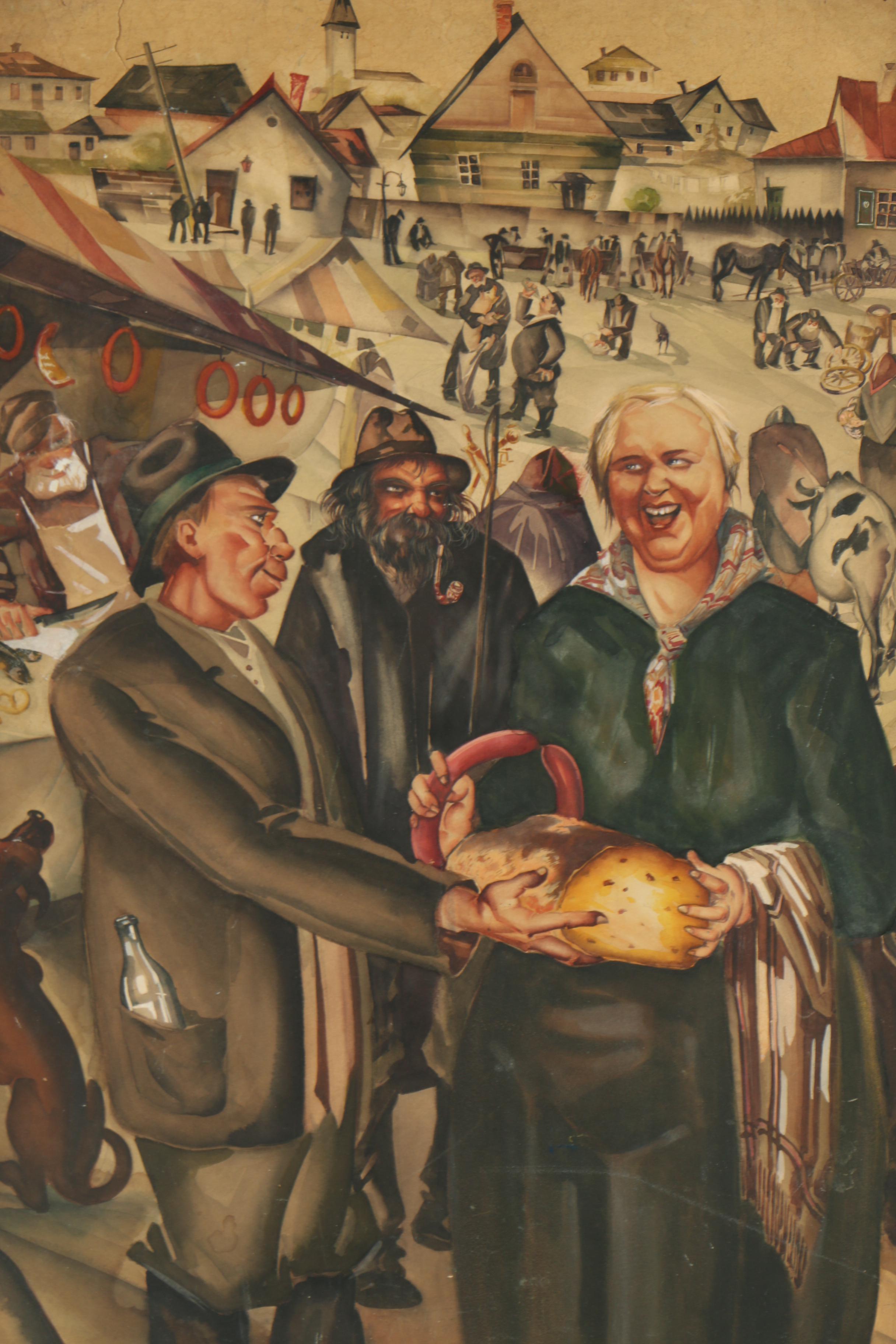 Paul Muller Watercolor Painting of Village Scene