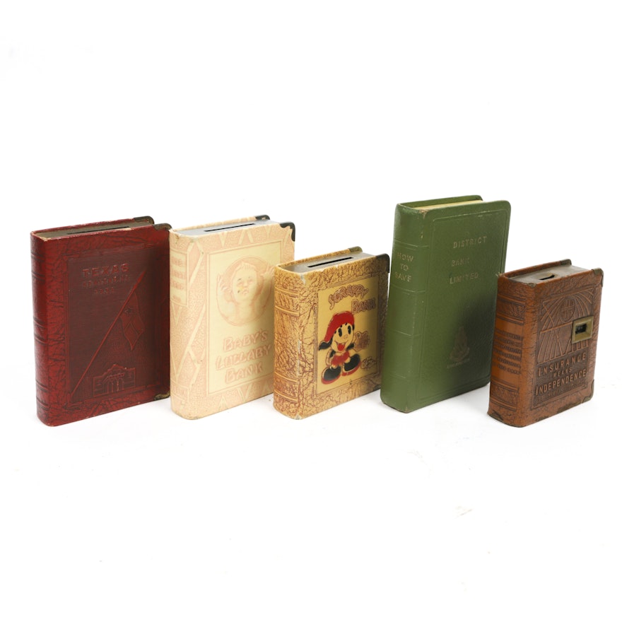 Vintage Book Shaped Coin Banks, Including 1930s "Scrappy Bank"