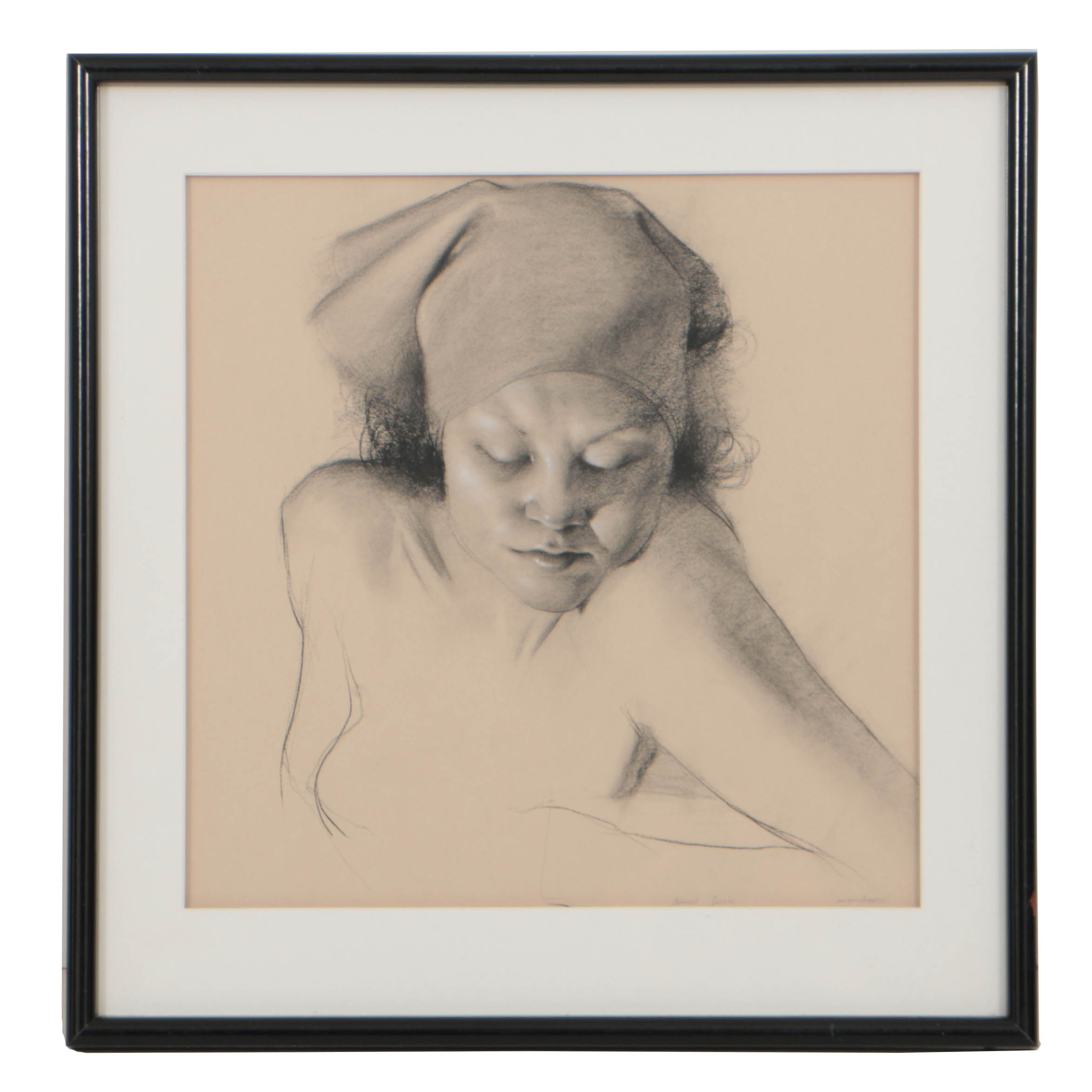 Daniel Sprick Charcoal and Conte Crayon on Paper "Young Girl with Bandana"