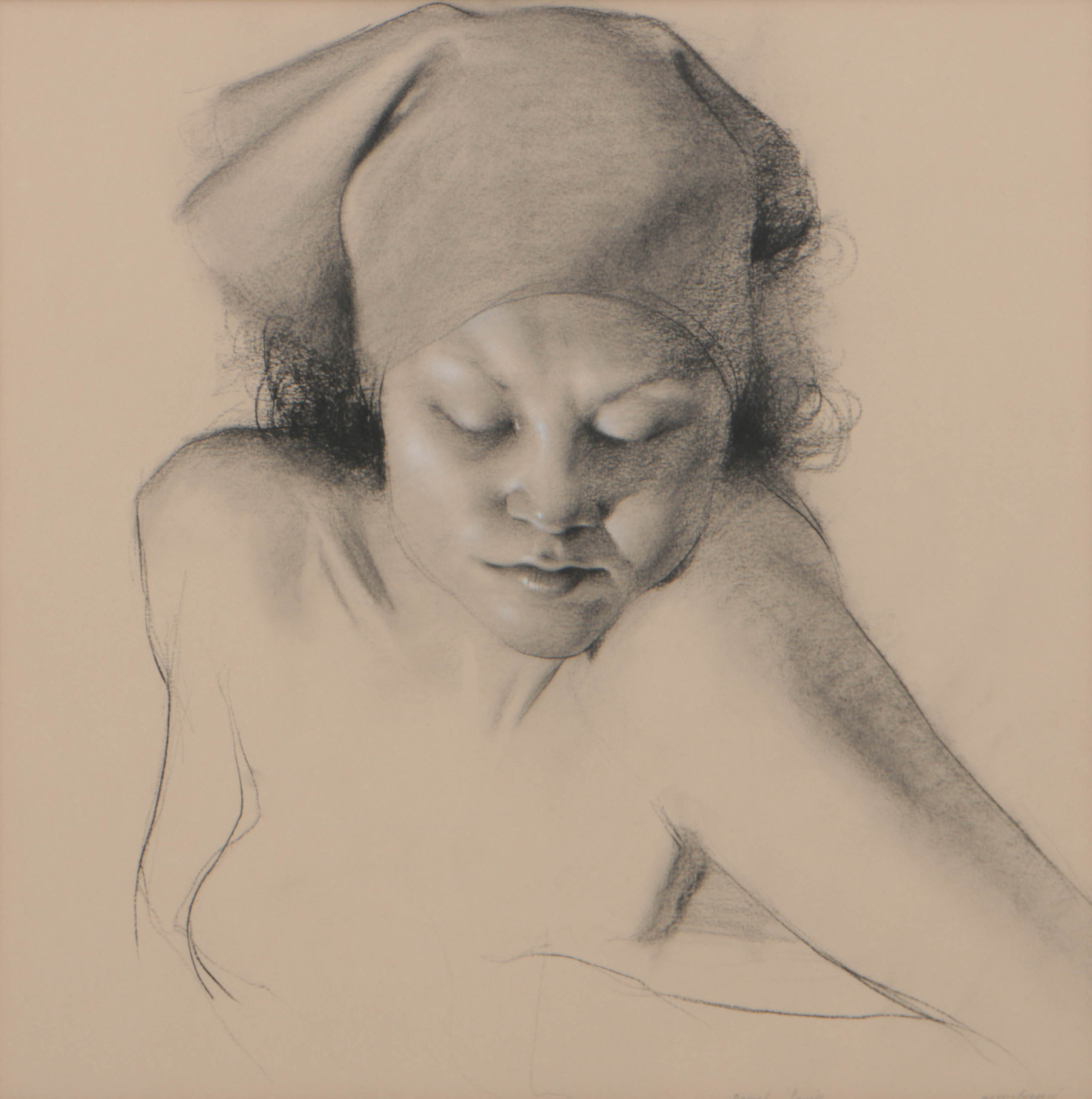 Daniel Sprick Charcoal and Conte Crayon on Paper "Young Girl with Bandana"