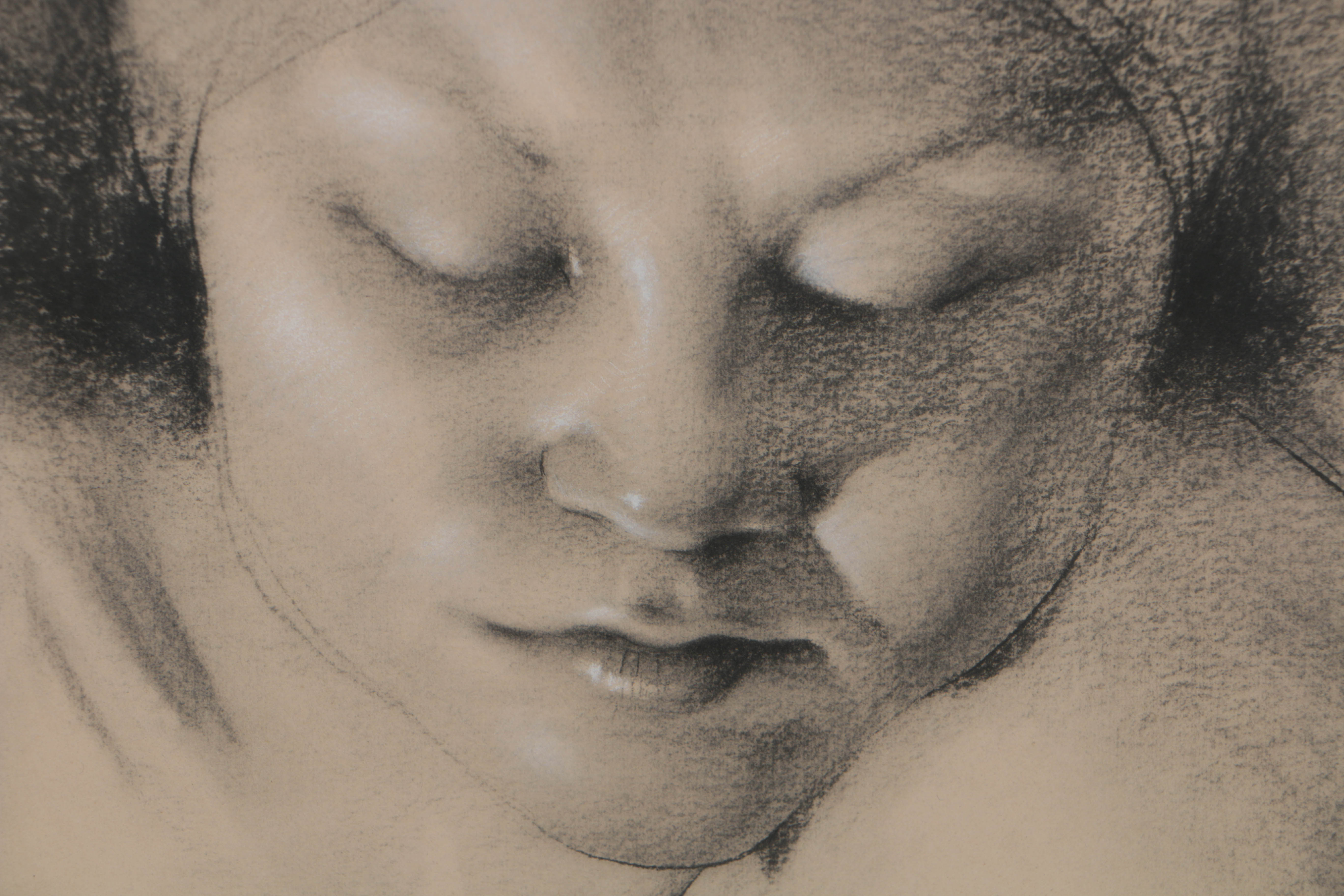 Daniel Sprick Charcoal and Conte Crayon on Paper "Young Girl with Bandana"