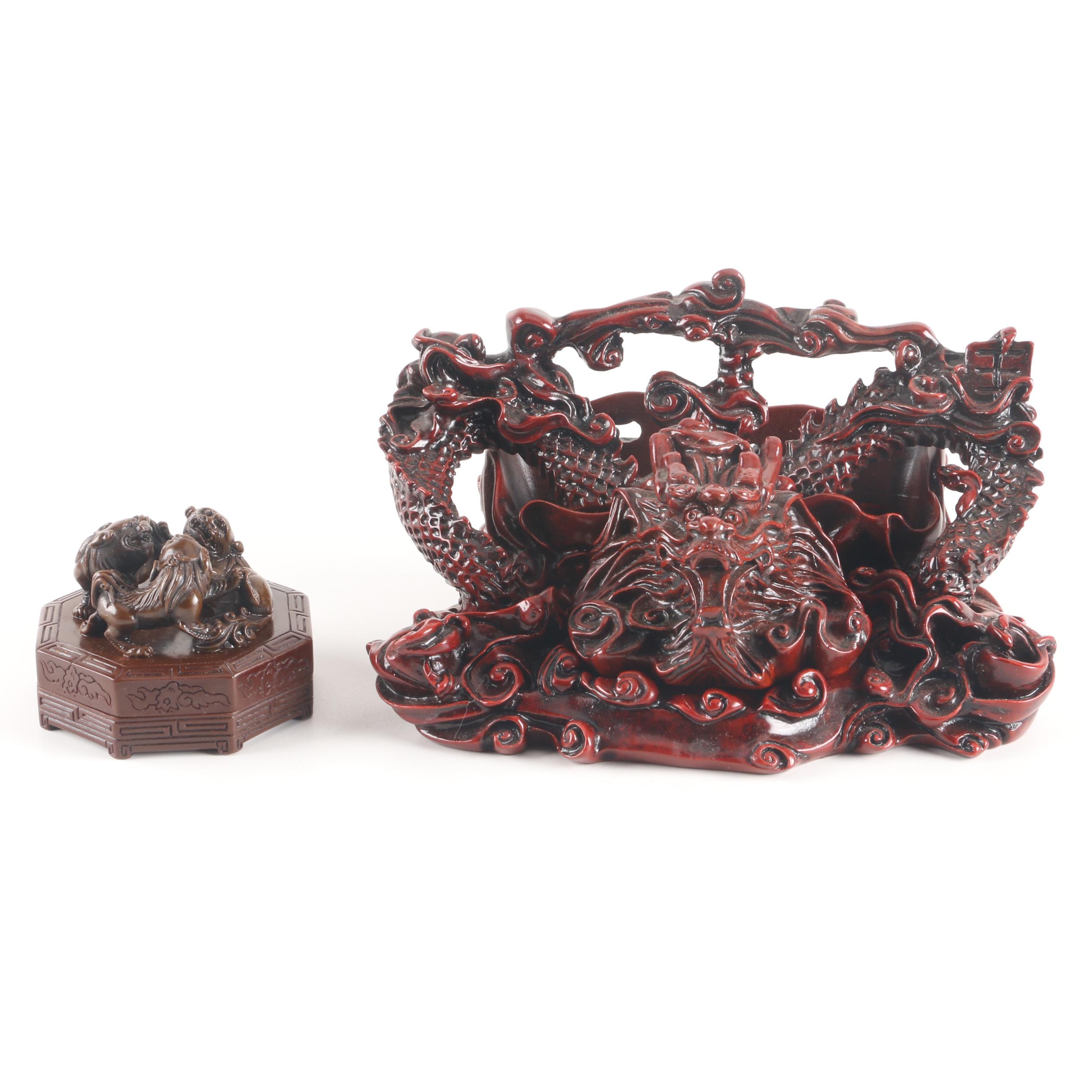 Carved Resin Dragon Stamp and Guardian Lion Yinni Pad Box