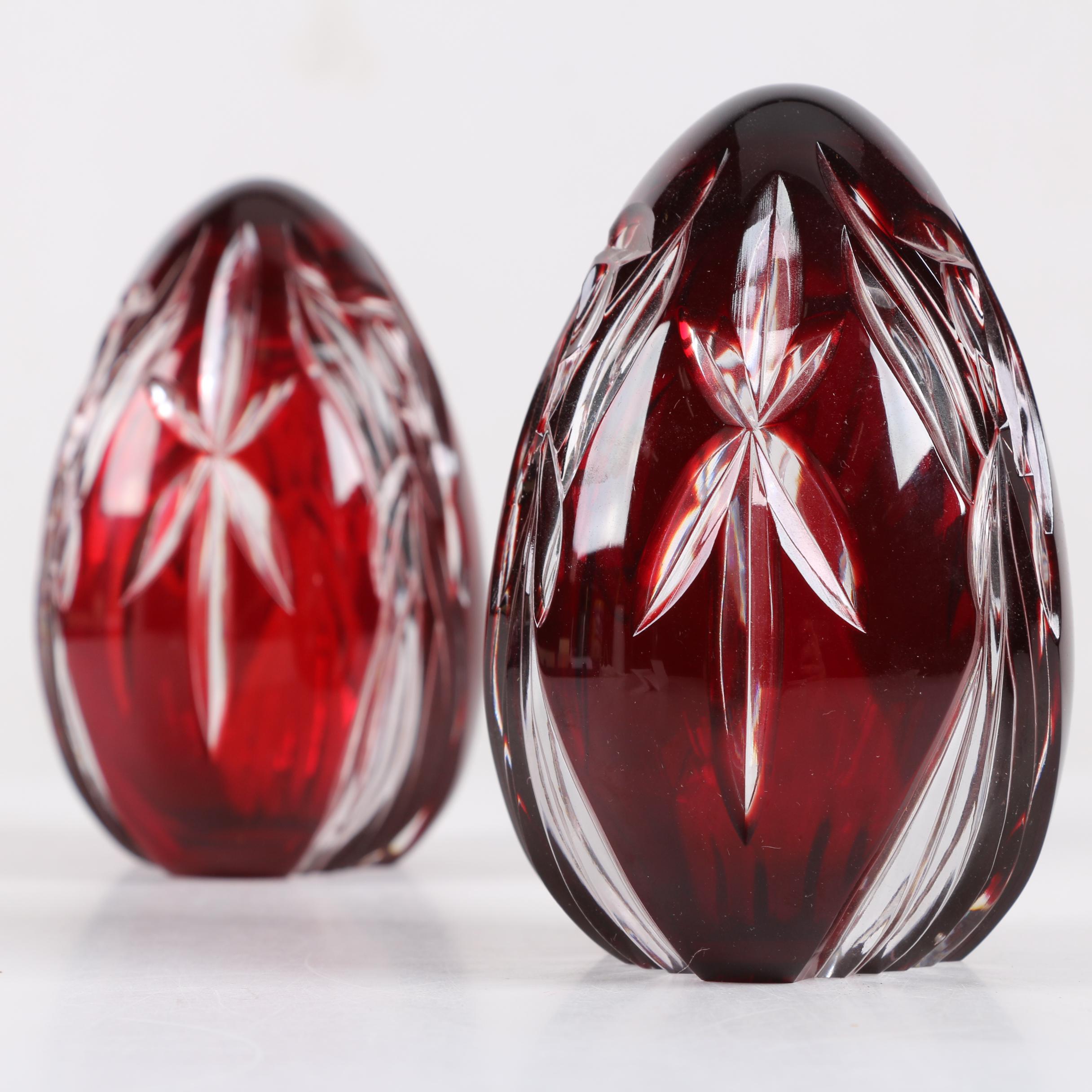 Lenox Cased Ruby Crystal Cut to Clear Egg Paperweights