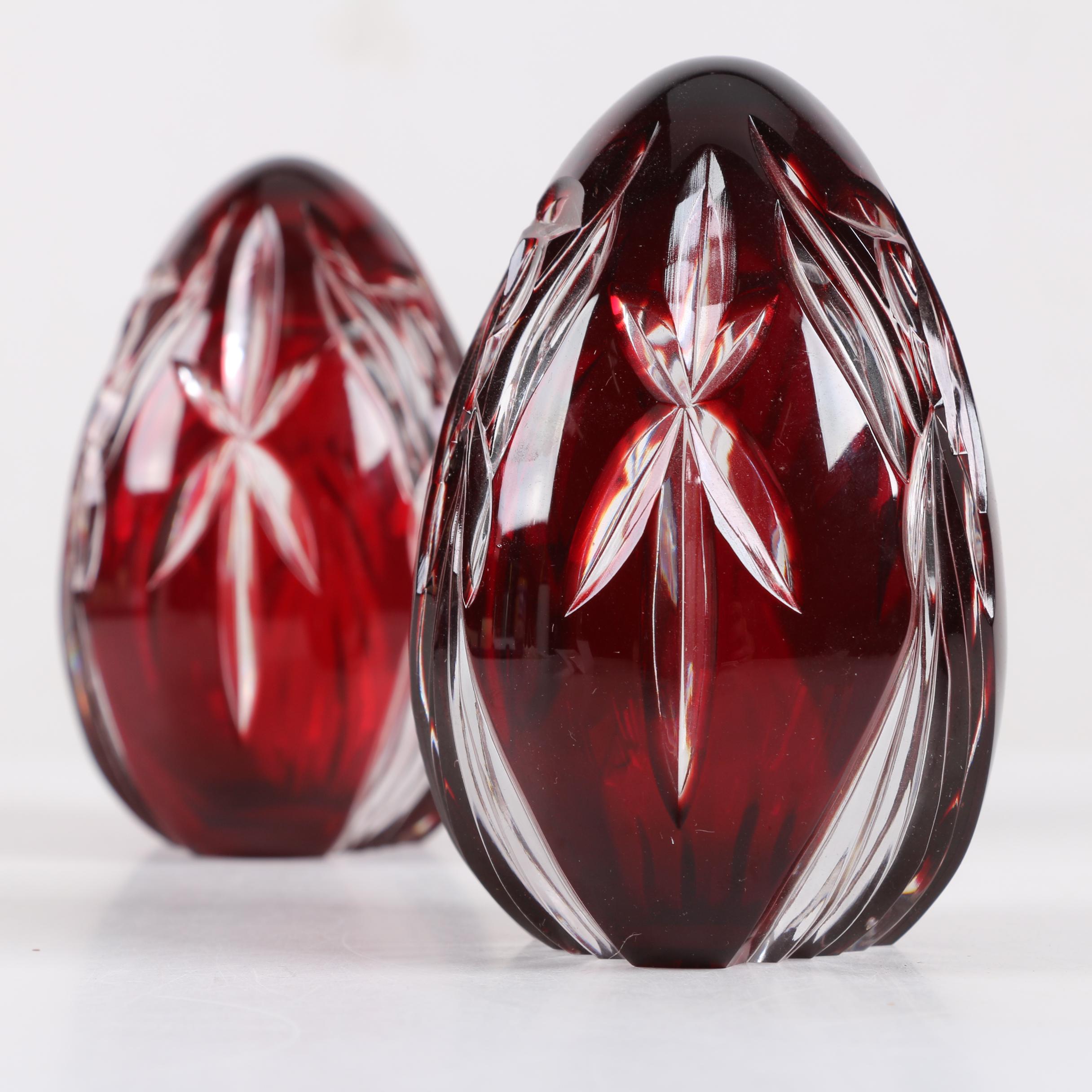 Lenox Cased Ruby Crystal Cut to Clear Egg Paperweights