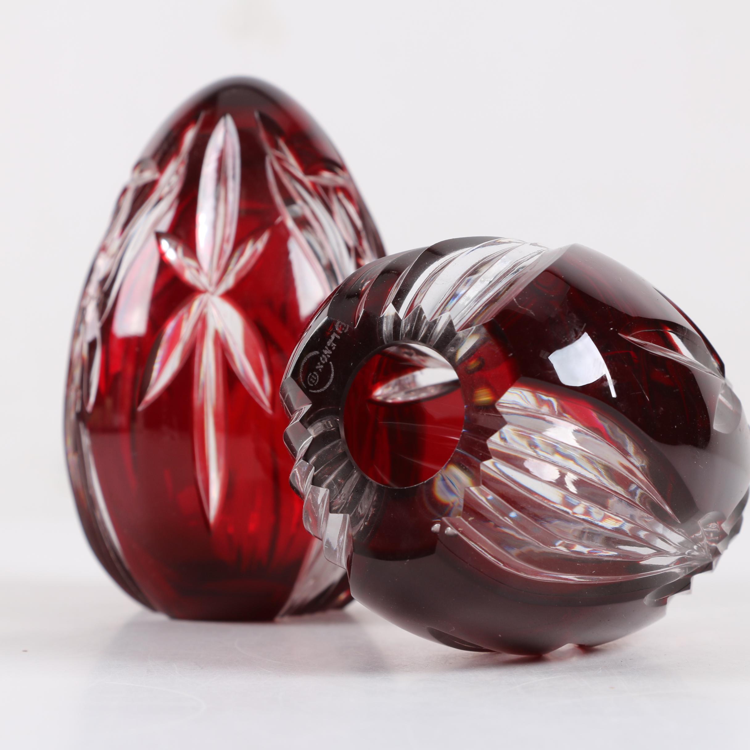 Lenox Cased Ruby Crystal Cut to Clear Egg Paperweights