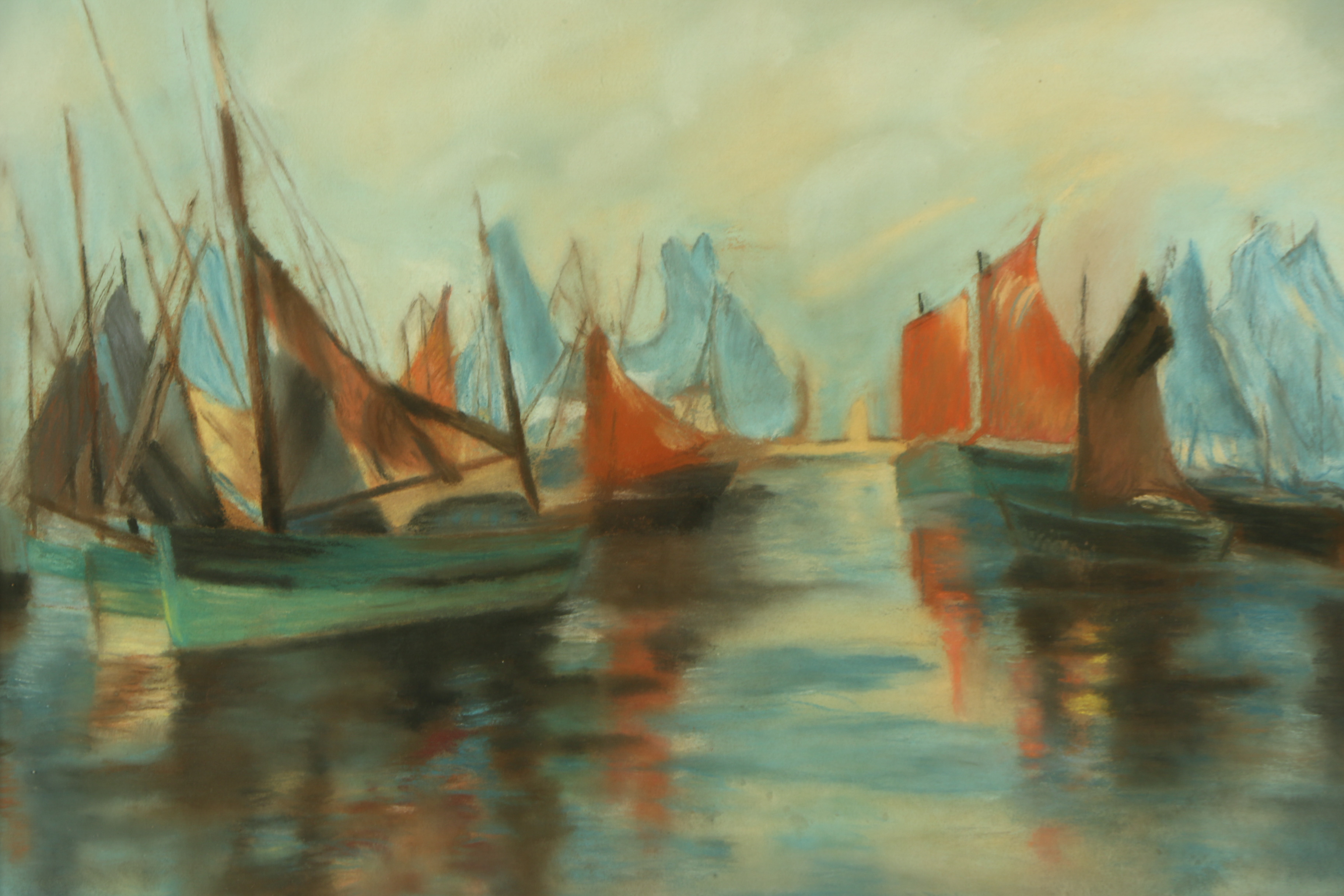 Pastel Drawing of Sailboats on the Water