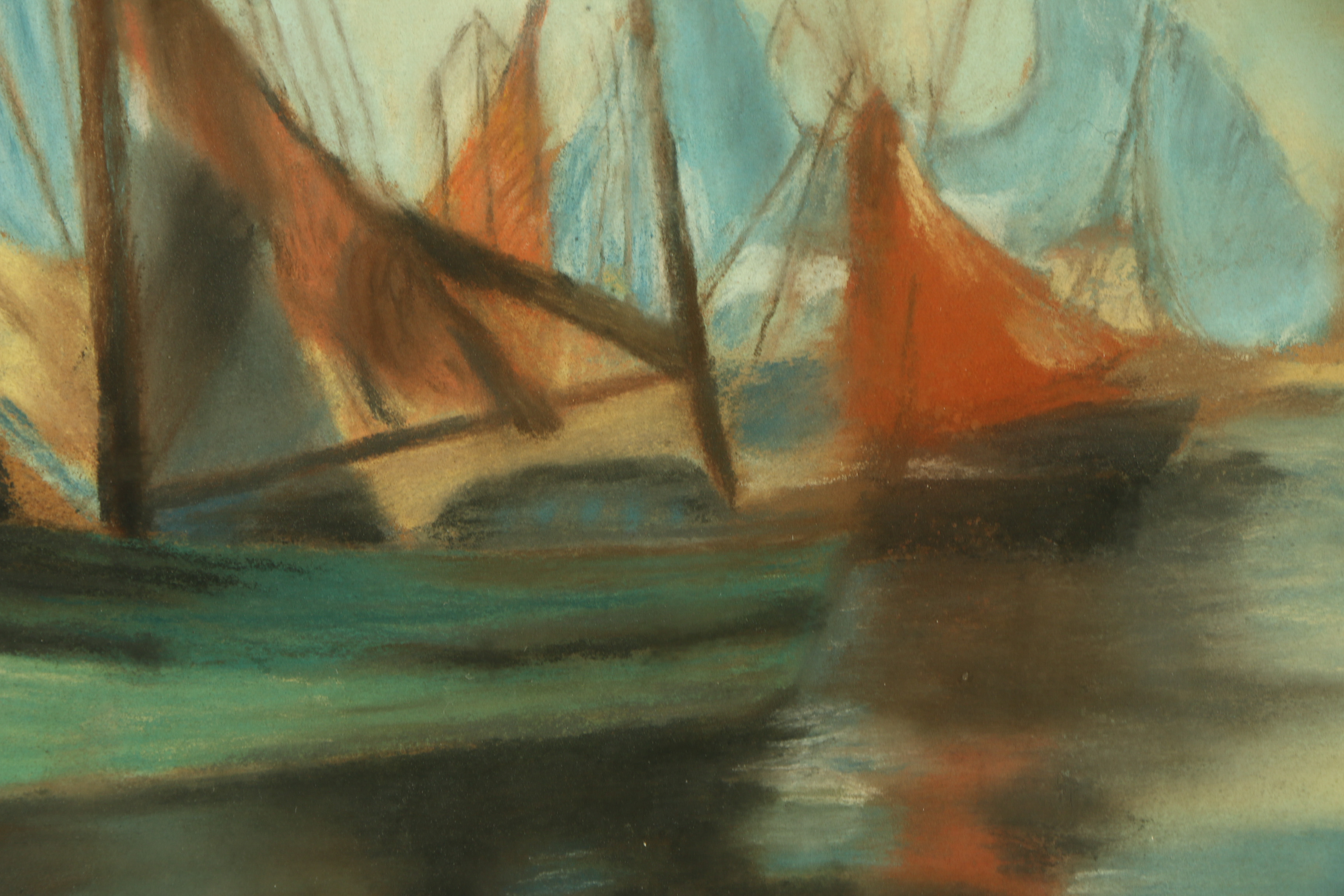Pastel Drawing of Sailboats on the Water