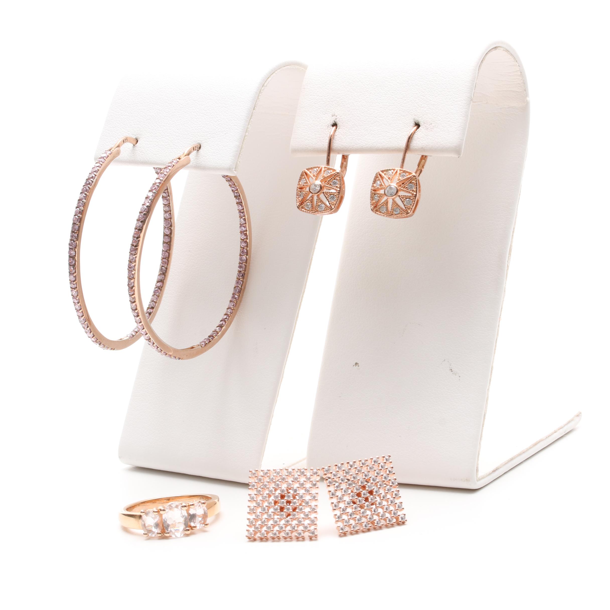 Sterling Silver Cubic Zirconia Rose Gold Tone Earrings and Ring