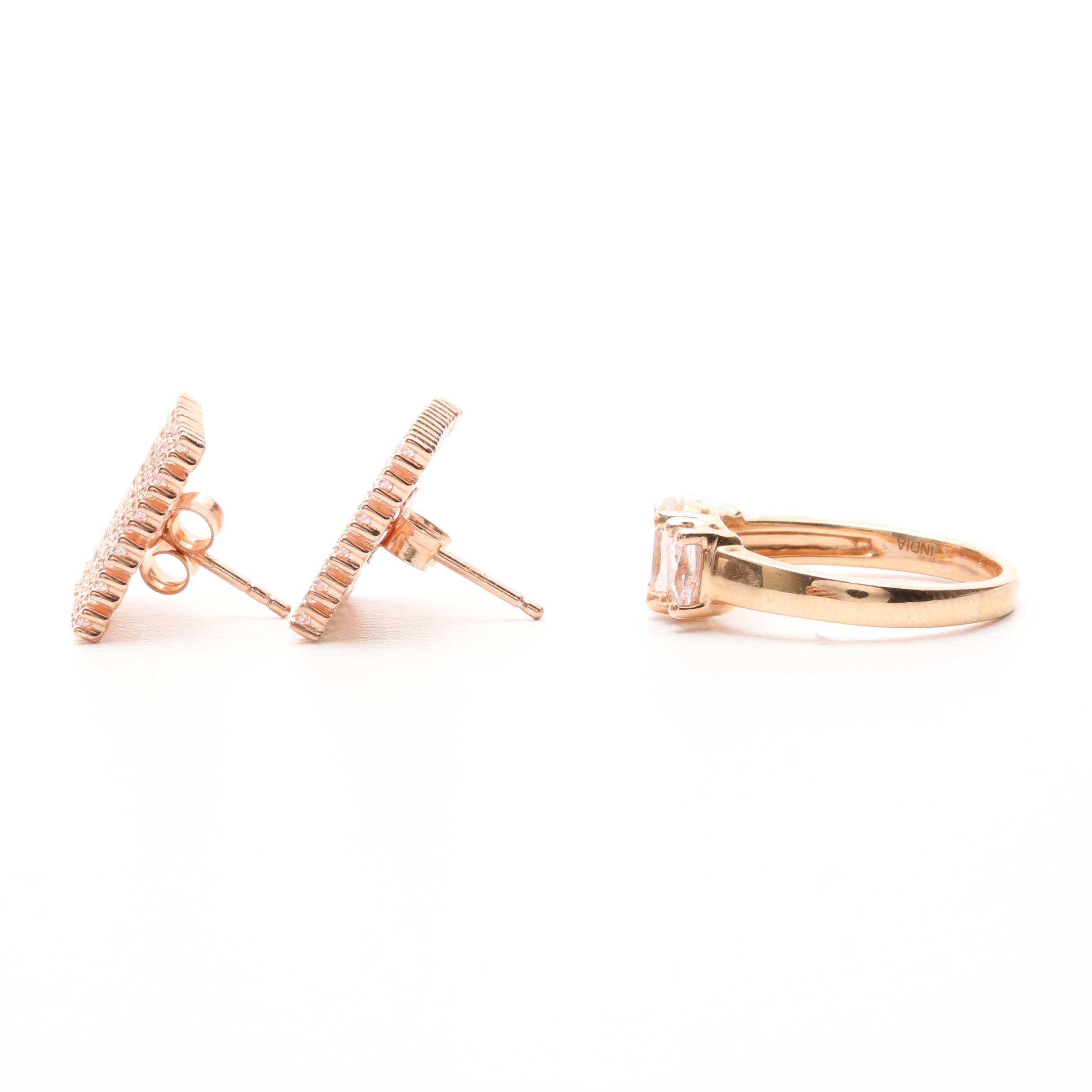 Sterling Silver Cubic Zirconia Rose Gold Tone Earrings and Ring