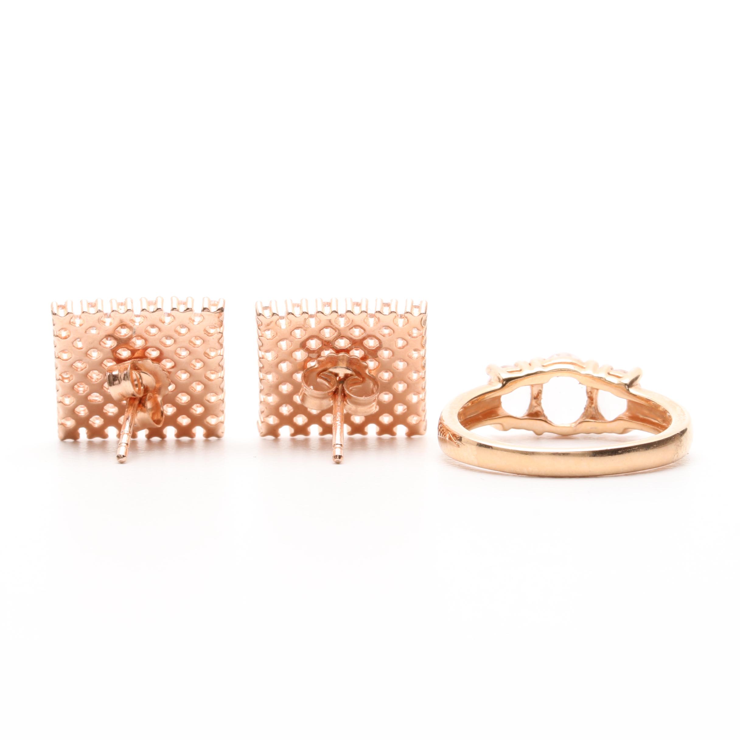 Sterling Silver Cubic Zirconia Rose Gold Tone Earrings and Ring