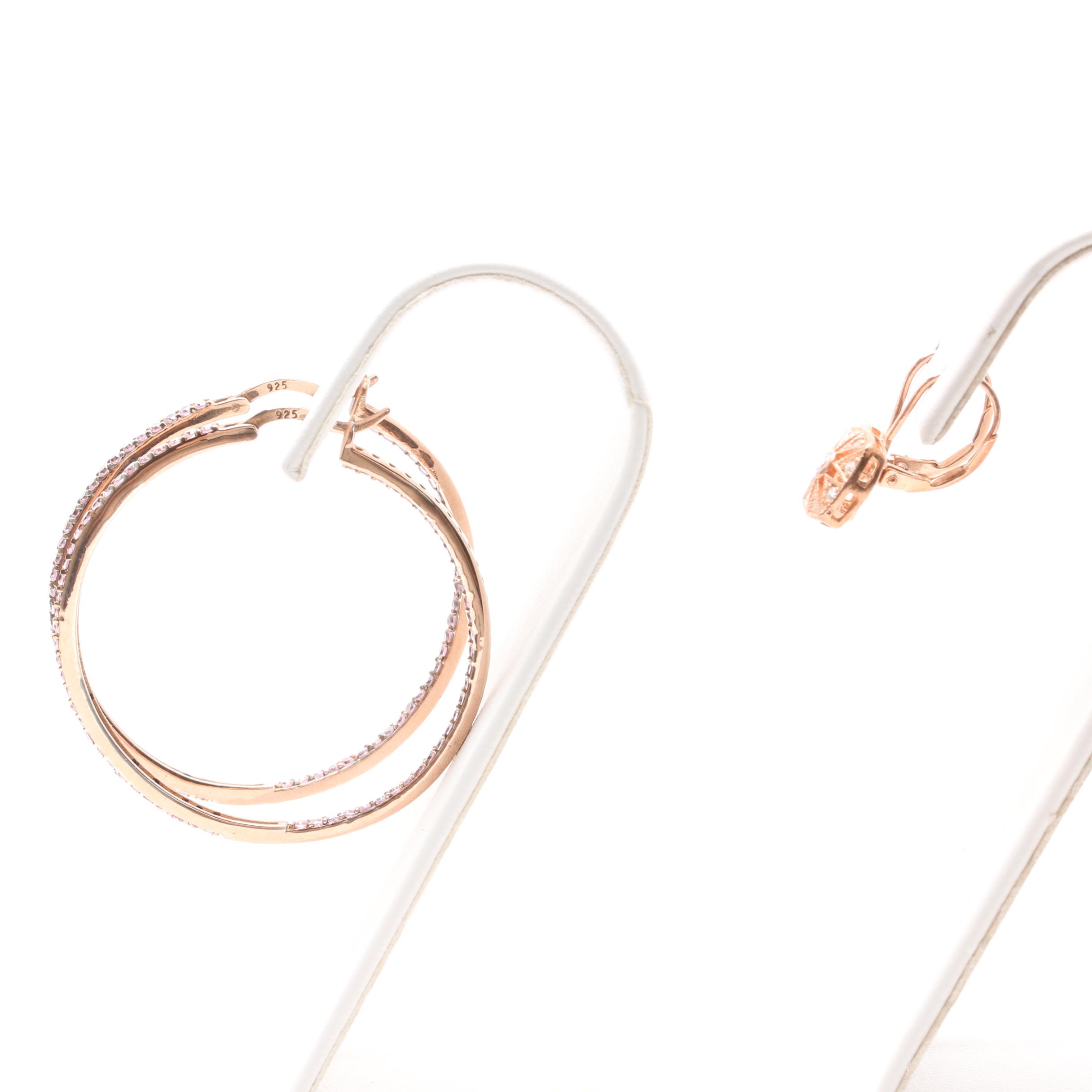 Sterling Silver Cubic Zirconia Rose Gold Tone Earrings and Ring