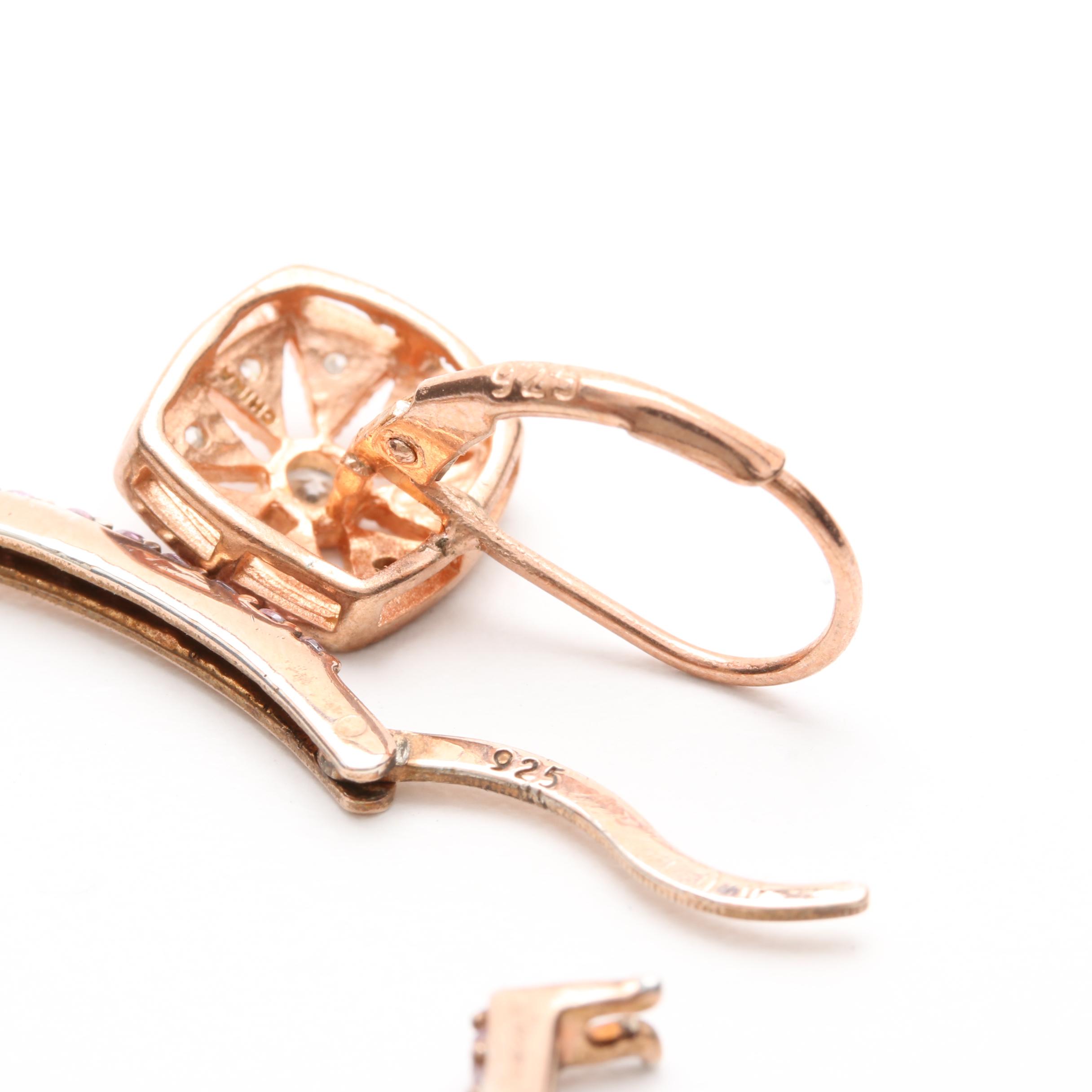 Sterling Silver Cubic Zirconia Rose Gold Tone Earrings and Ring