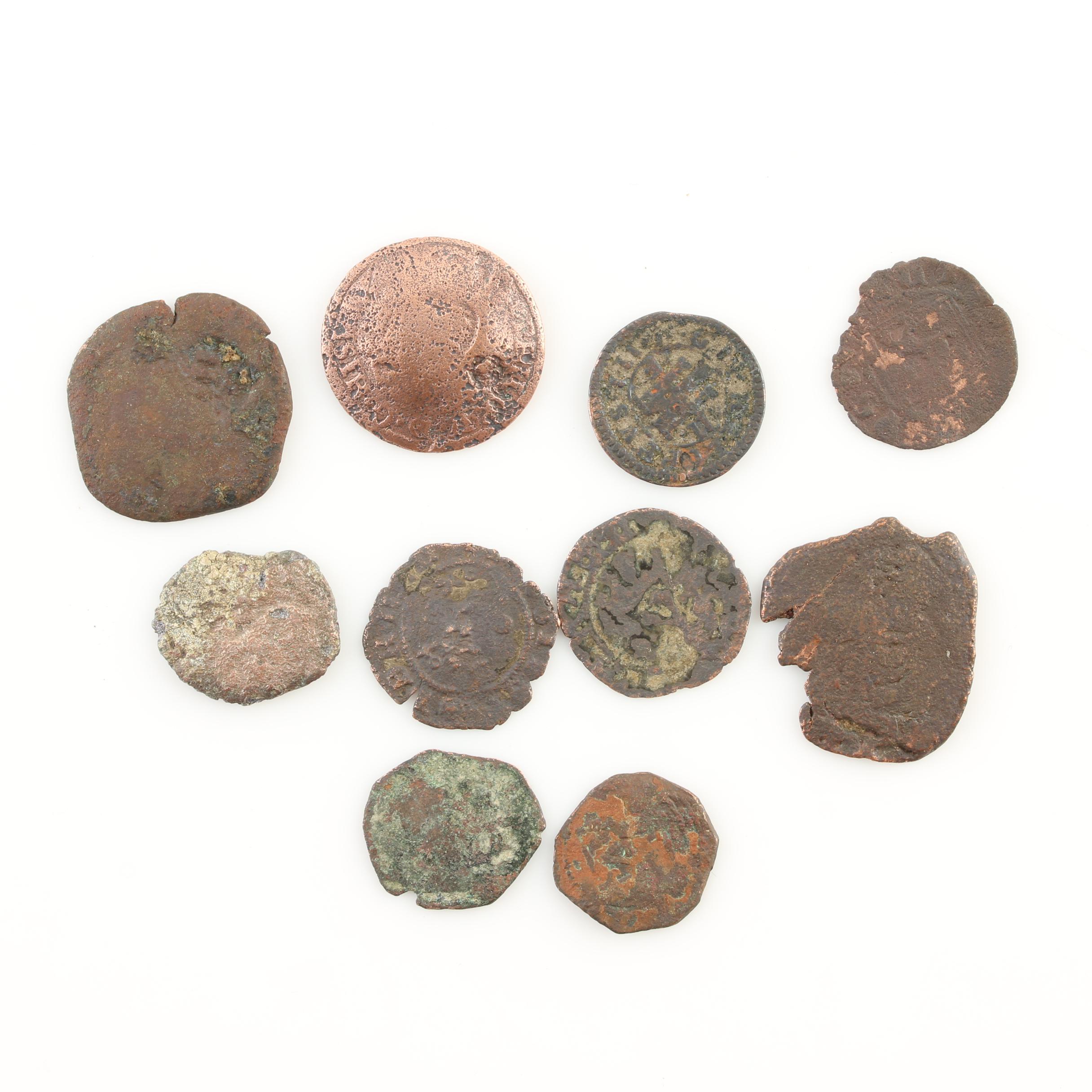 Ten New World Pirate Era Spanish Bronze Coins