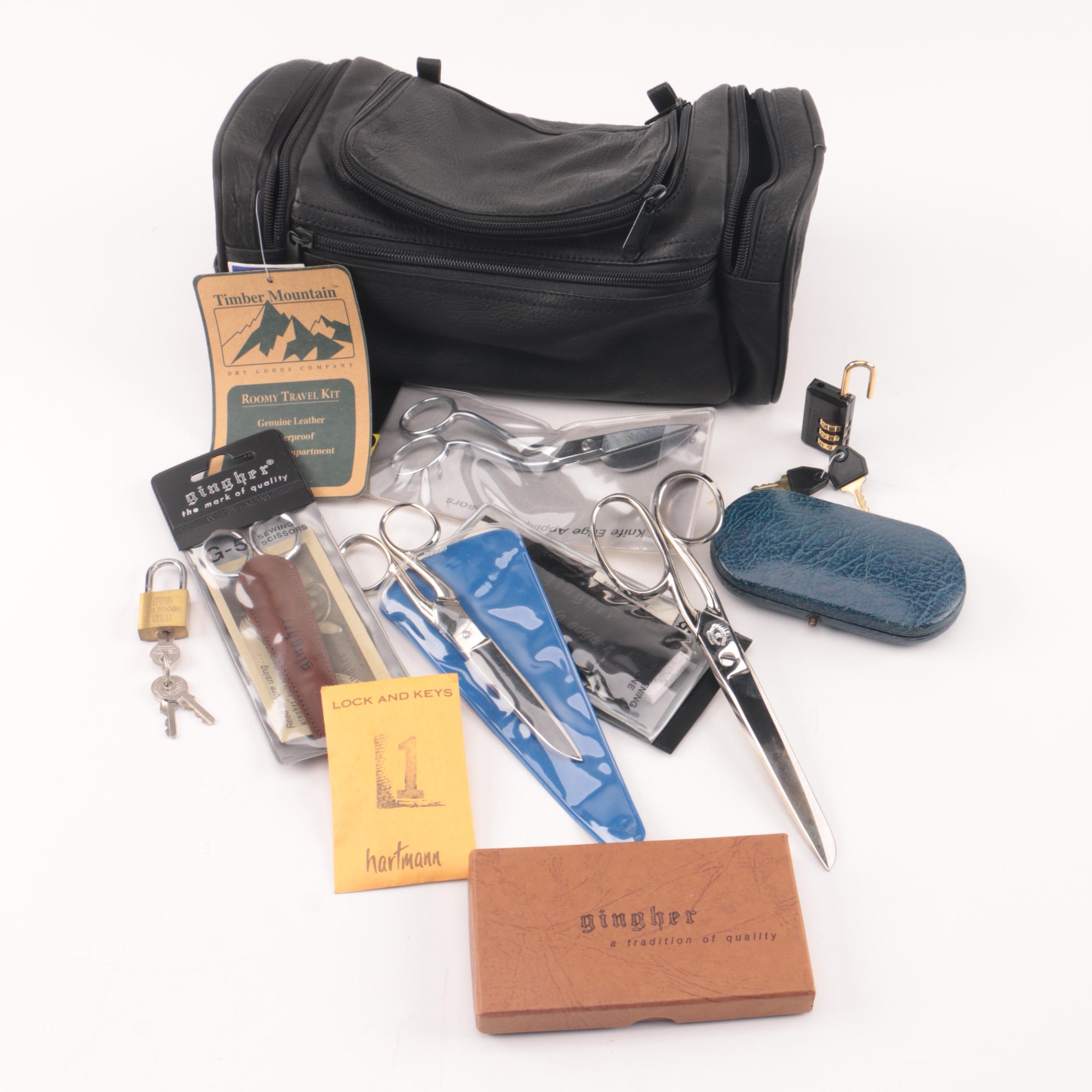 Henckels, Gingher, Rex Cutlery and Other Scissors and Padlocks in Travel Kit