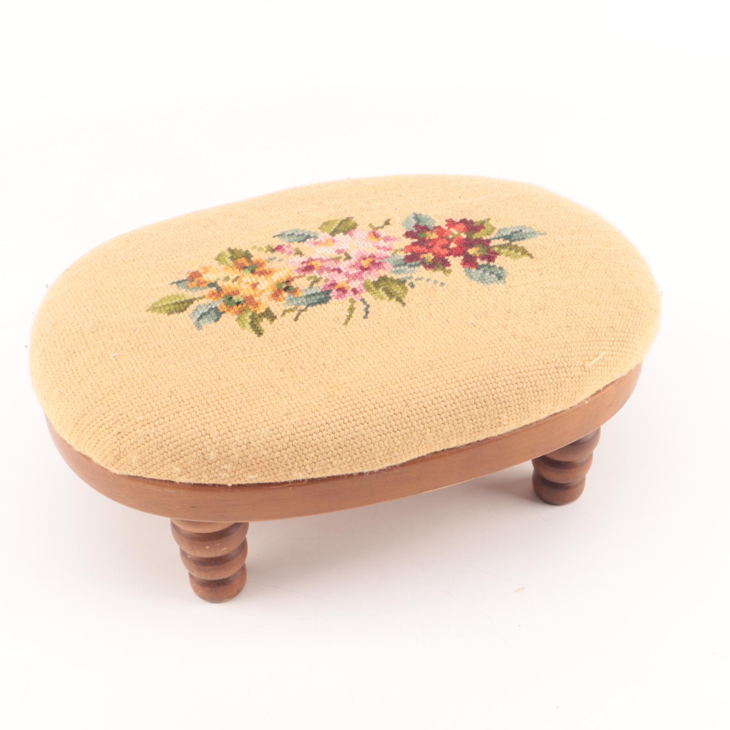 Floral Needlepoint Oval Footstool