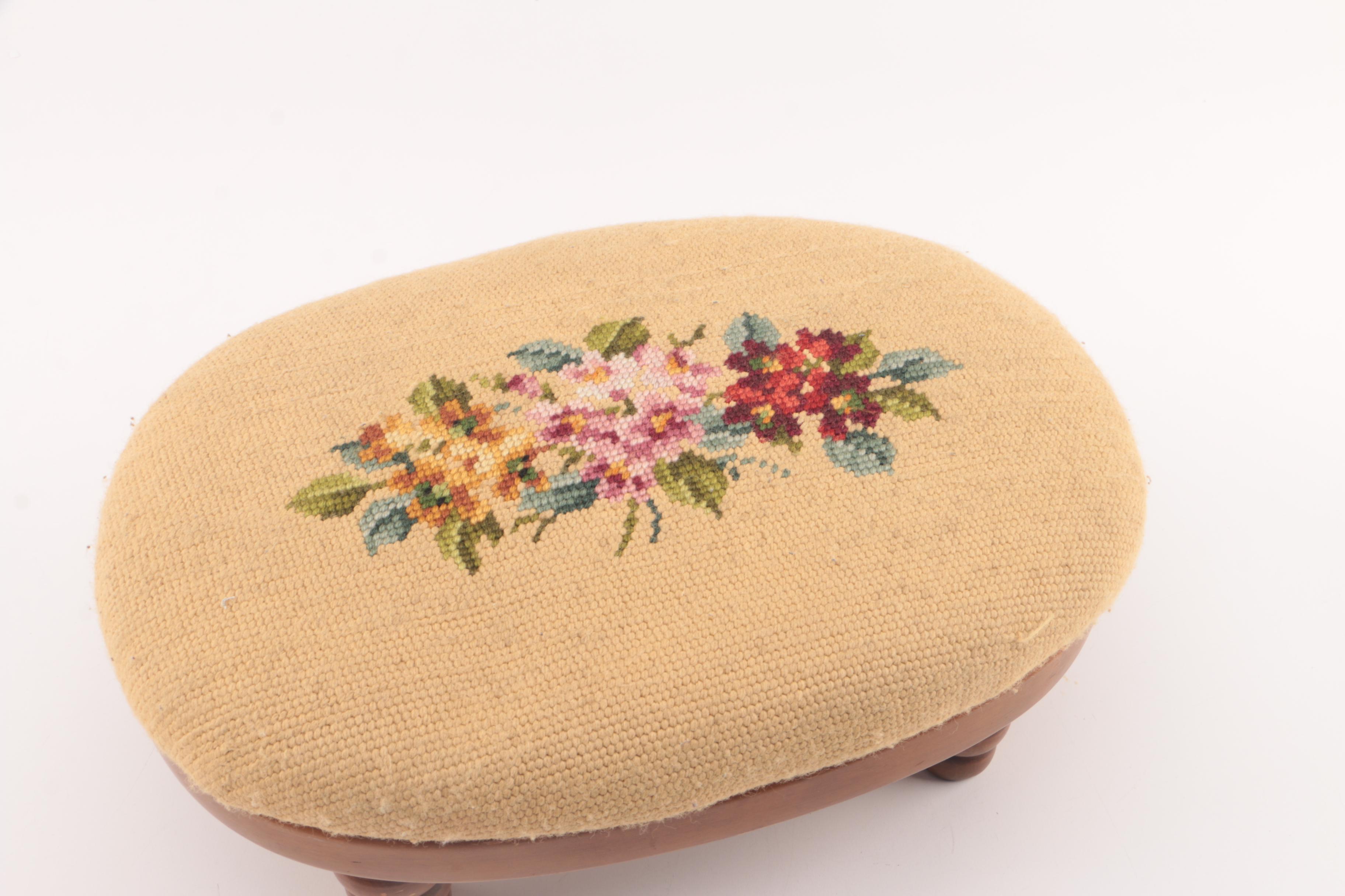Floral Needlepoint Oval Footstool
