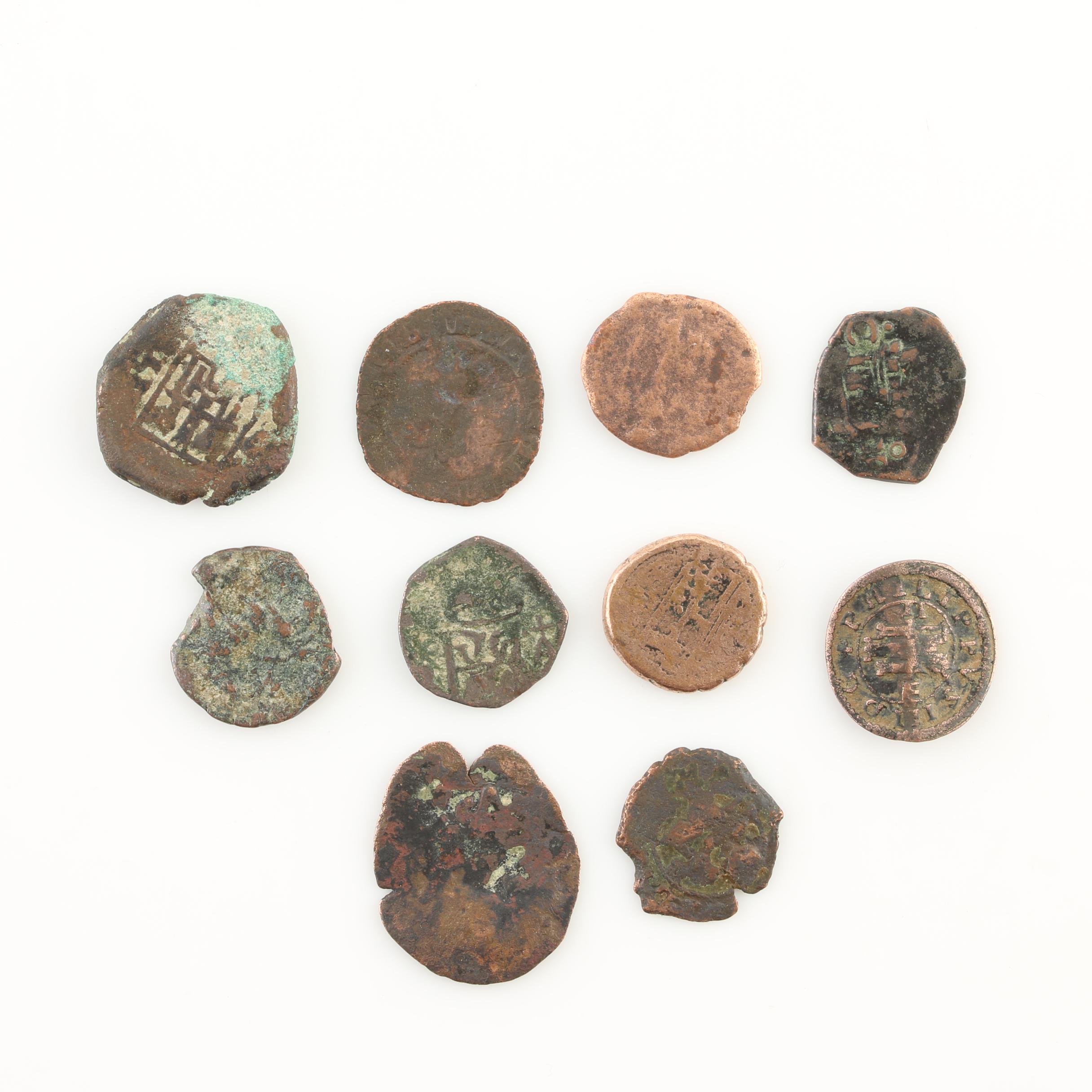 Ten New World Pirate Era Spanish Bronze Coins