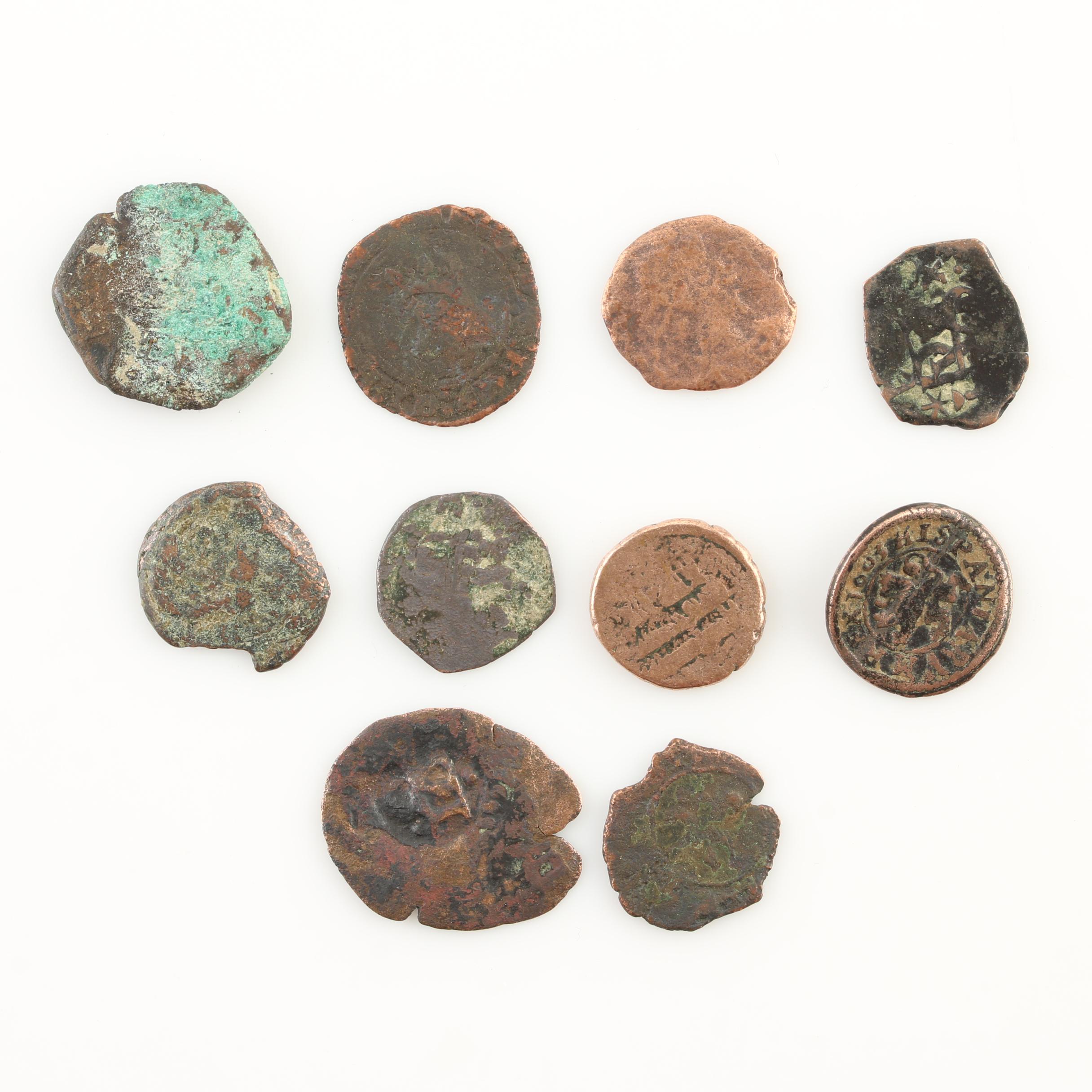 Ten New World Pirate Era Spanish Bronze Coins