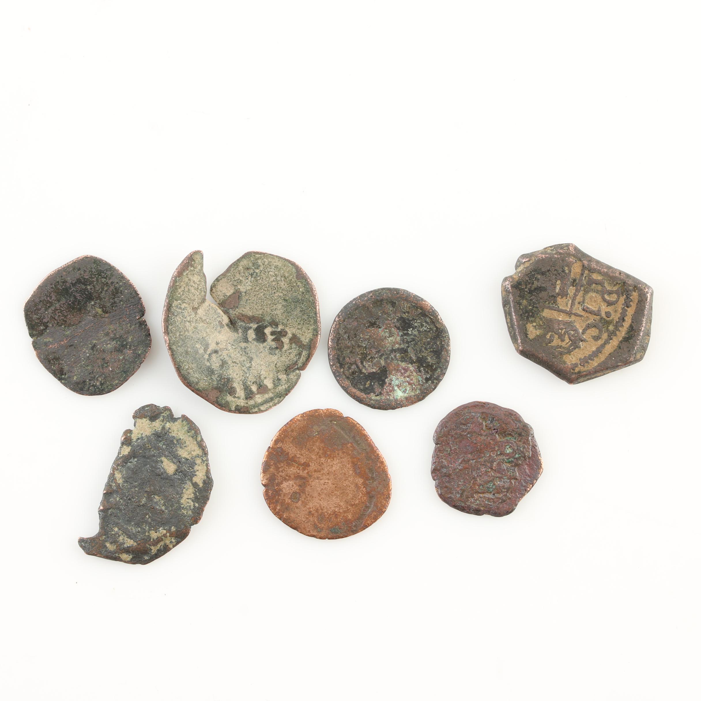 Seven New World Pirate Era Spanish Bronze Coins