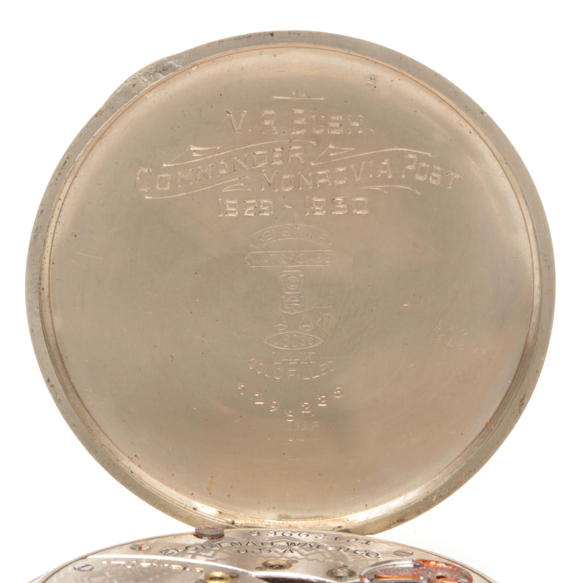 Elgin 14K Gold Filled Open Face American Legion "Past Commander" Pocket Watch