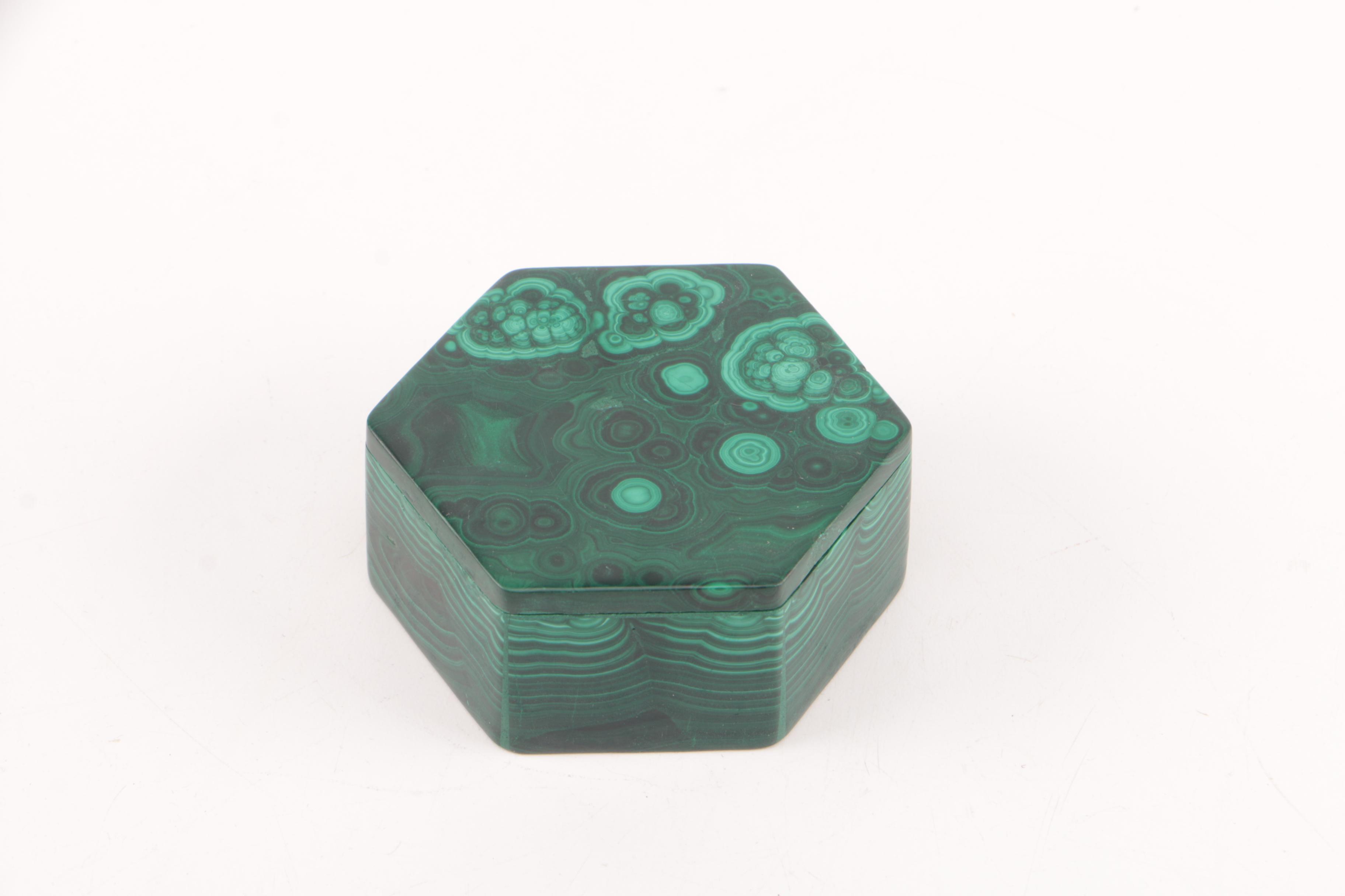 Malachite Trinket Box, Capiz Shell Sphere and Marble Pyramidal Paperweight