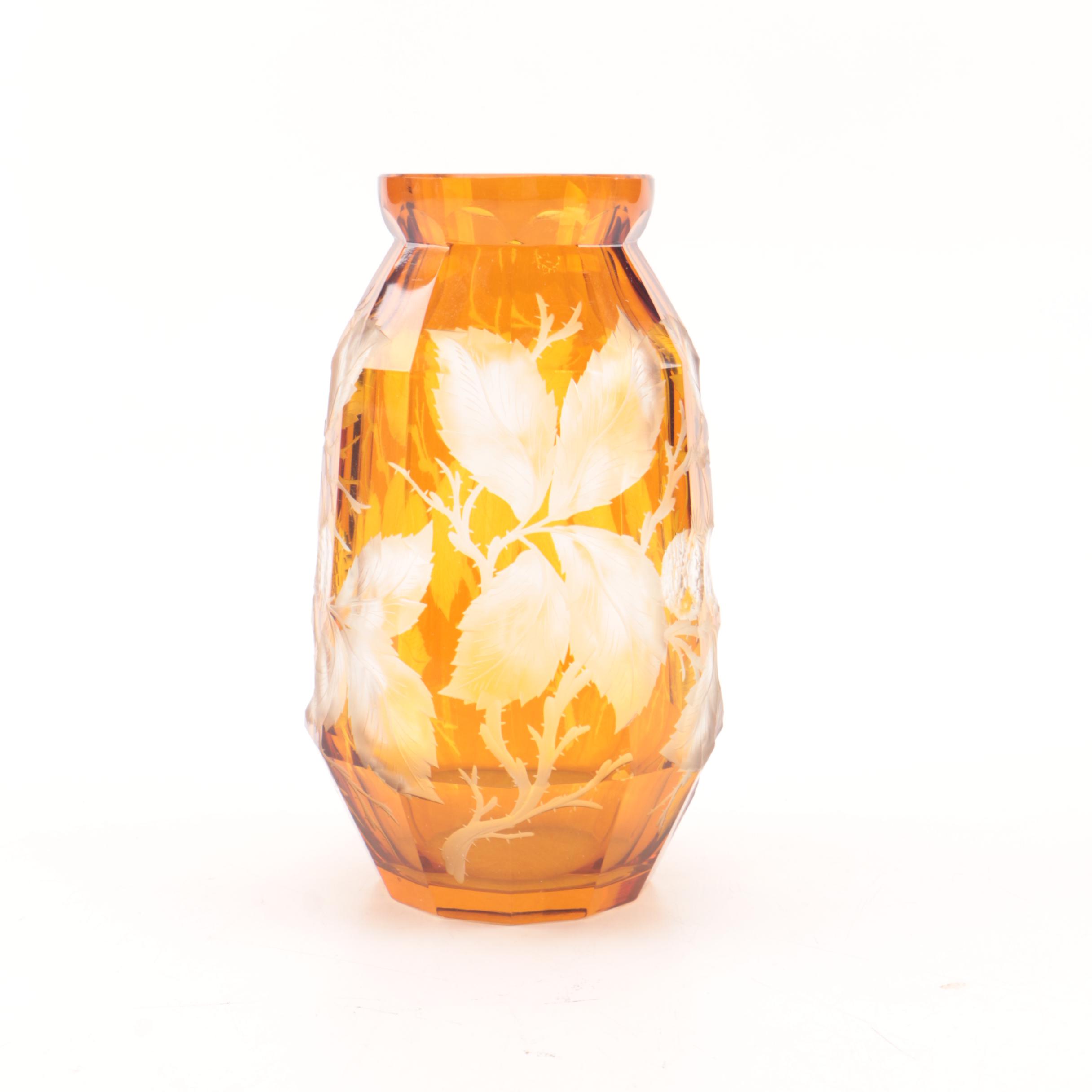 Bohemian Style Amber Flashed Etched to Clear Glass Vase with Frosted Lead Design