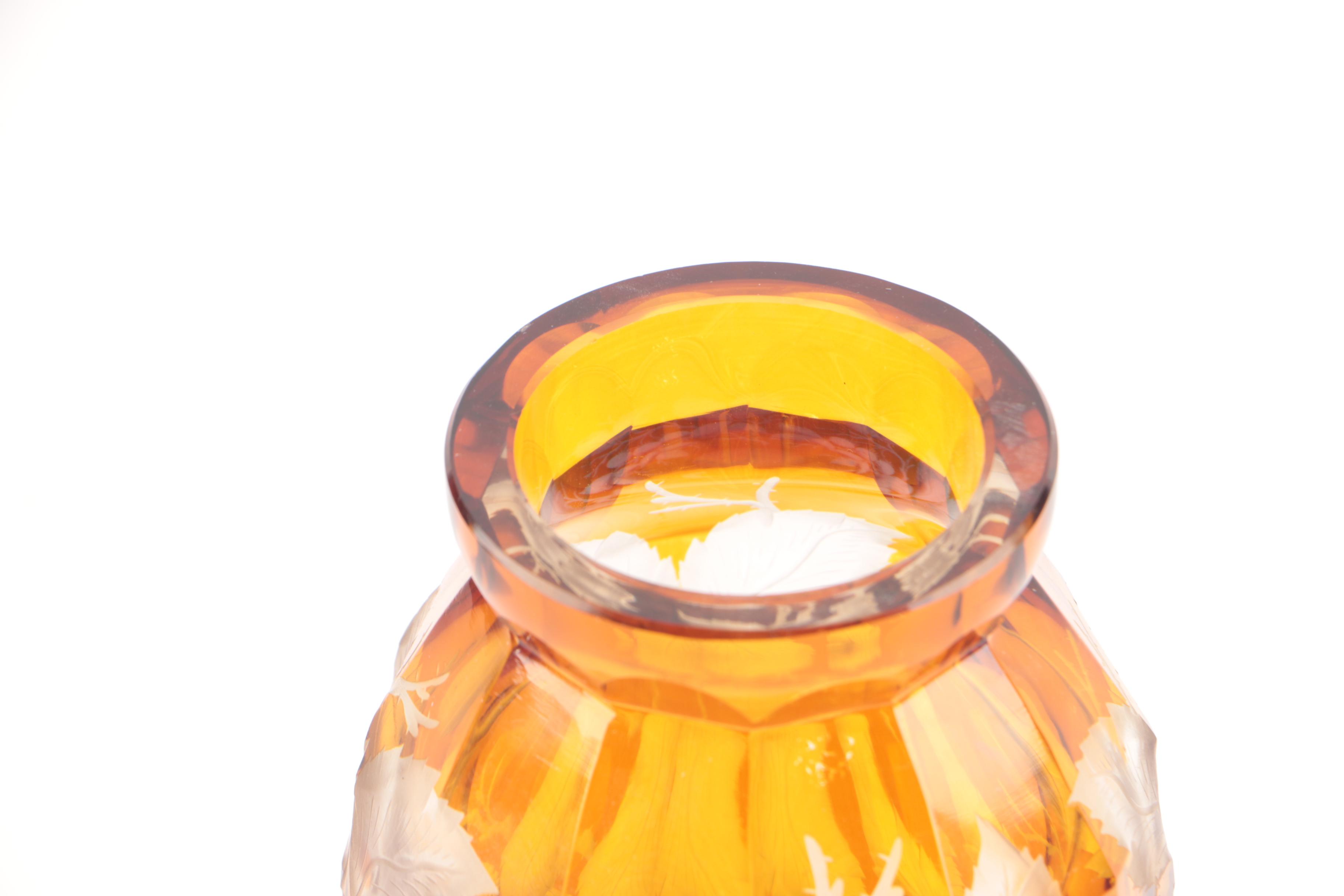 Bohemian Style Amber Flashed Etched to Clear Glass Vase with Frosted Lead Design