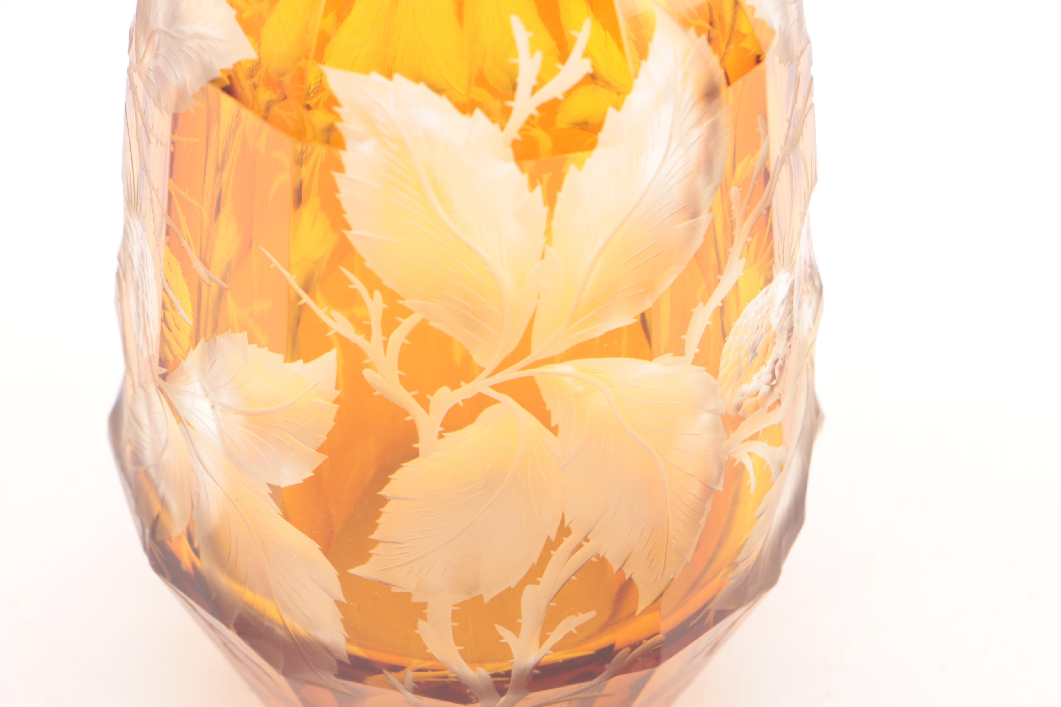 Bohemian Style Amber Flashed Etched to Clear Glass Vase with Frosted Lead Design