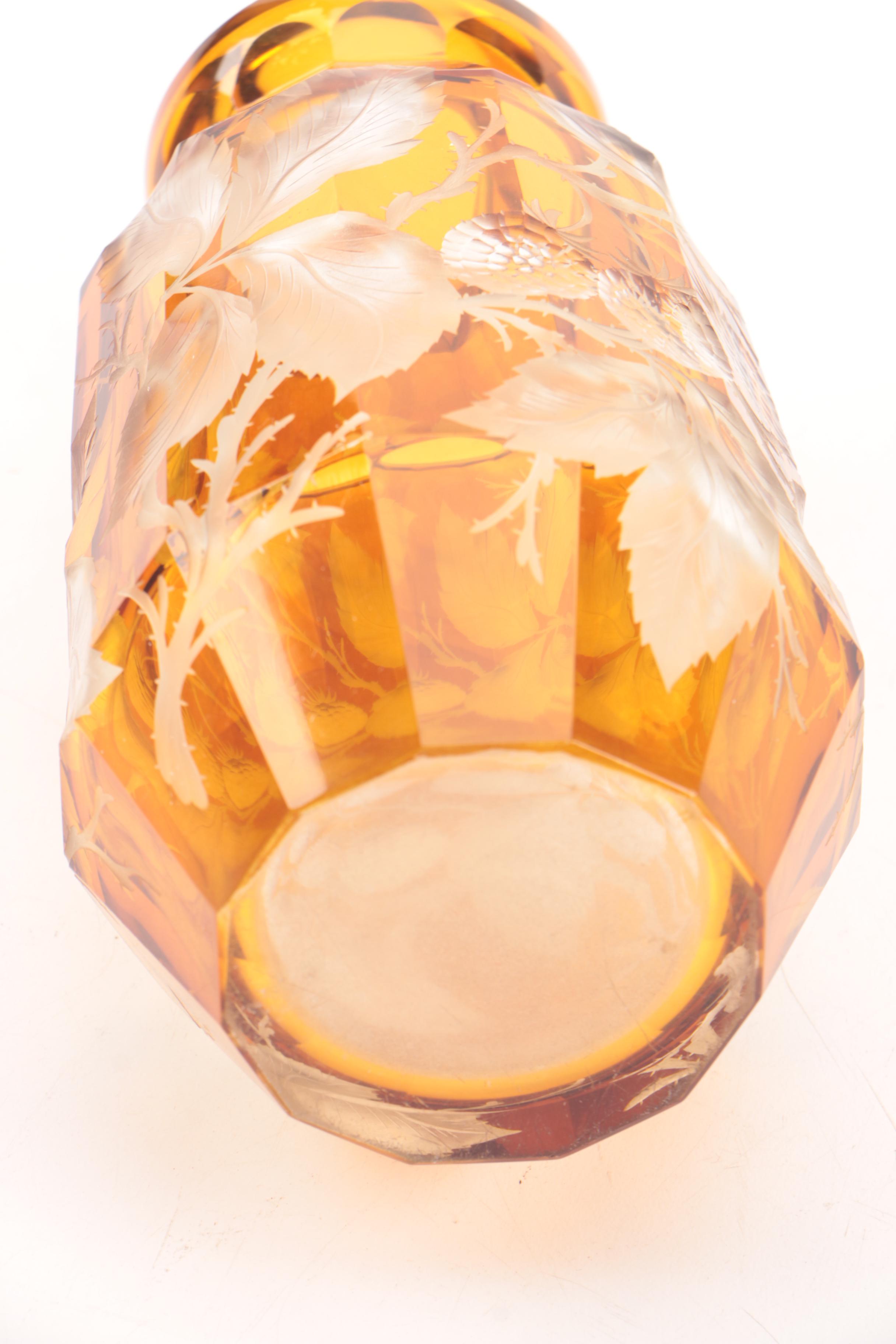 Bohemian Style Amber Flashed Etched to Clear Glass Vase with Frosted Lead Design