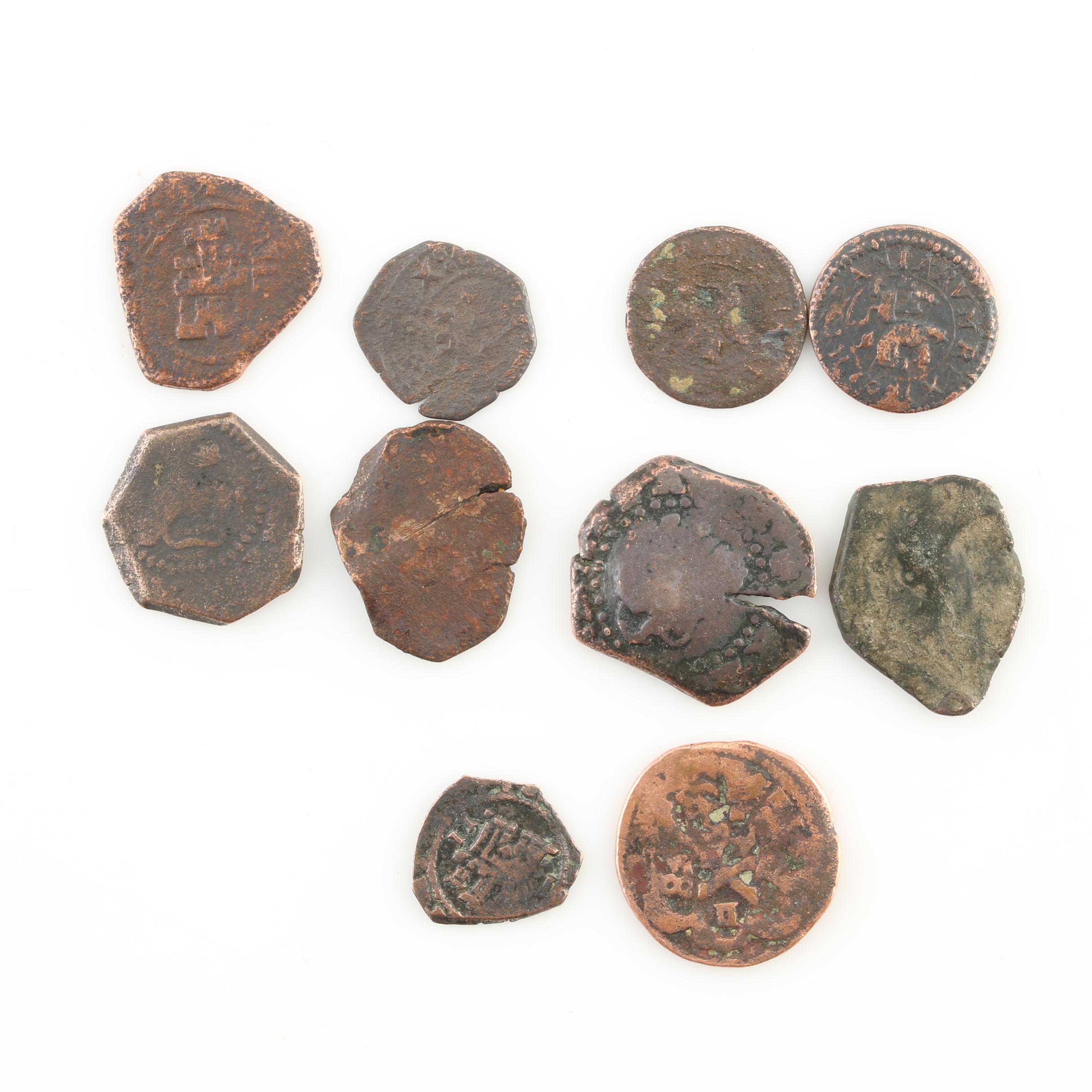 Ten New World Pirate Era Spanish Bronze Coins